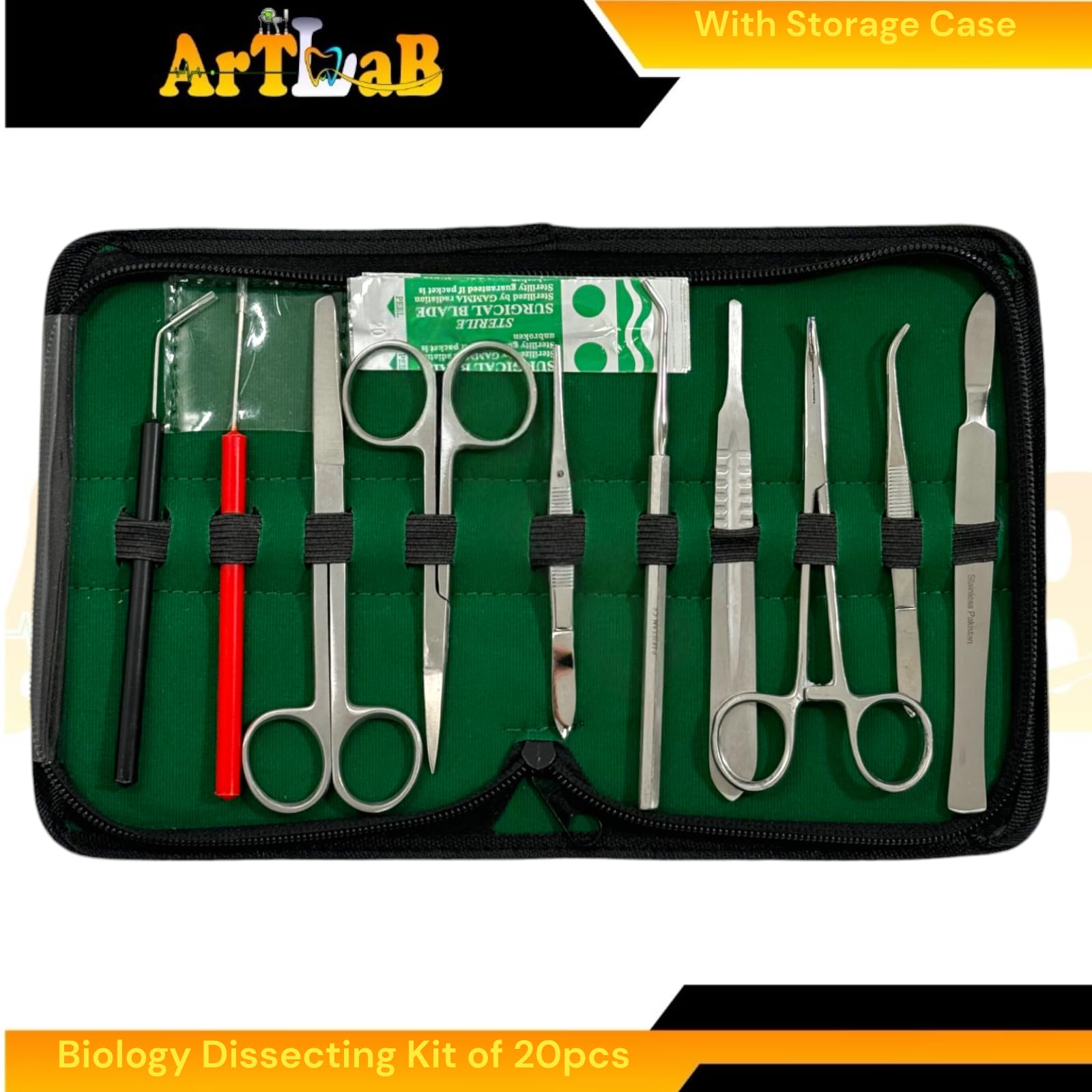 Student Biology Anatomy Dissecting Kit (20pcs Total) for High-School Students, University Students, Hobby, Etc. with Storage Case - Forceps, Scissors, Seeker Probe