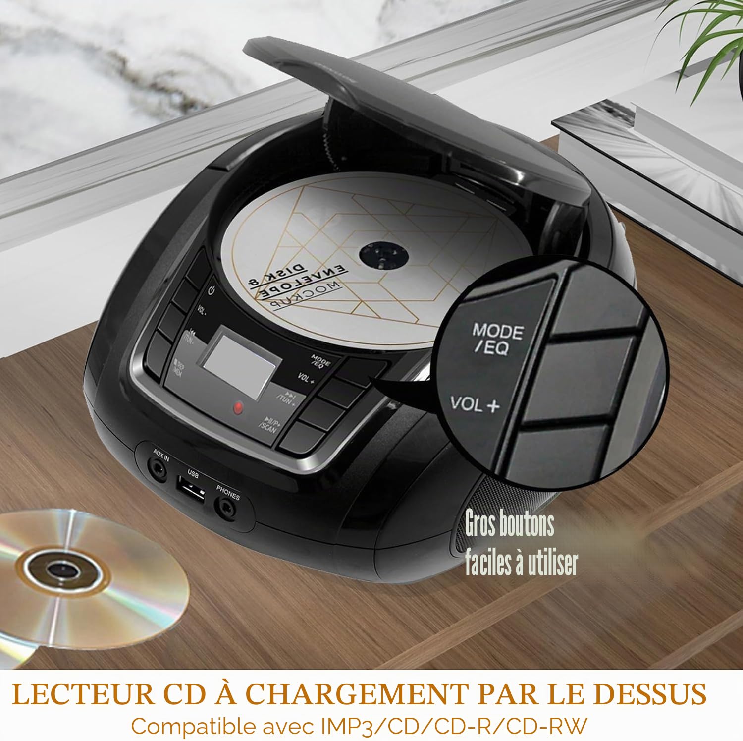 Lecteur CD avec Bluetooth, LP-D03 Radio FM Portable Stéréo avec Son Cristallin, Lecture MP3, Entrée USB et AUX, Prise Casque, Ecran LCD