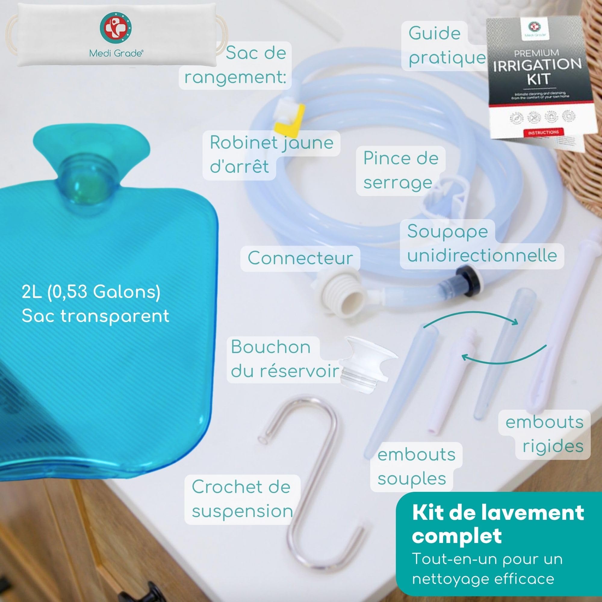 Medi Grade Trousse Lavement Intestinal Qualité à Domicile 2 Litres, Turquoise – Kit Lavement Colon – Enema Kit Comprend une Poche Lavement Réutilisable Accessoires Instructions Sac de Transport