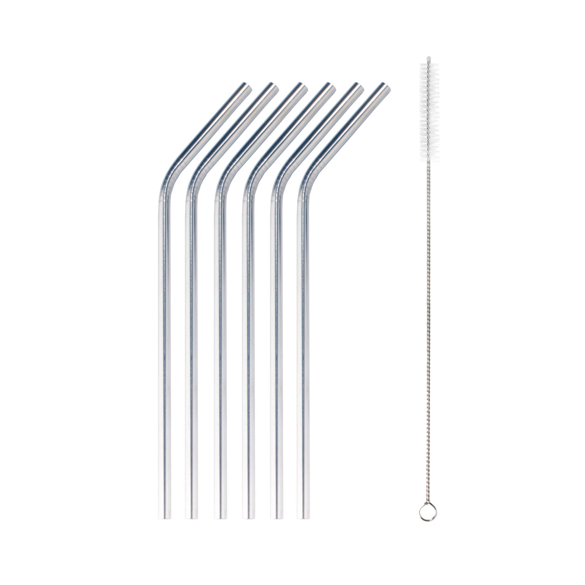 BambooMN Reusable Stainless Steel Metal Drinking Straws - 8" Bent Straws w/ 2x Cleaning Brushes - 12 Pack