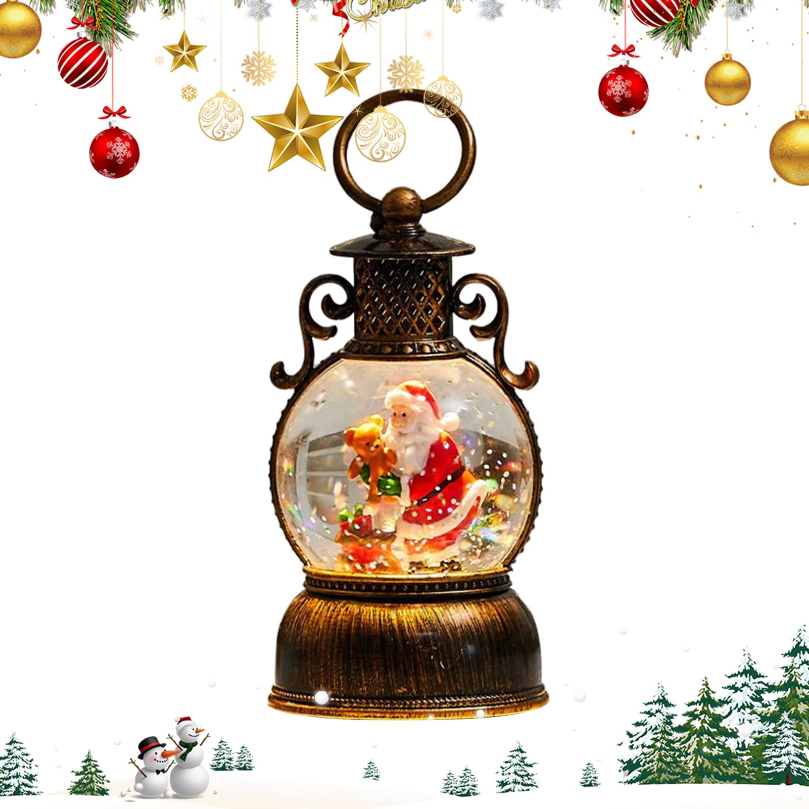 Linterna de globo de nieve de Navidad con purpurina de invierno y funcionamiento a pilas