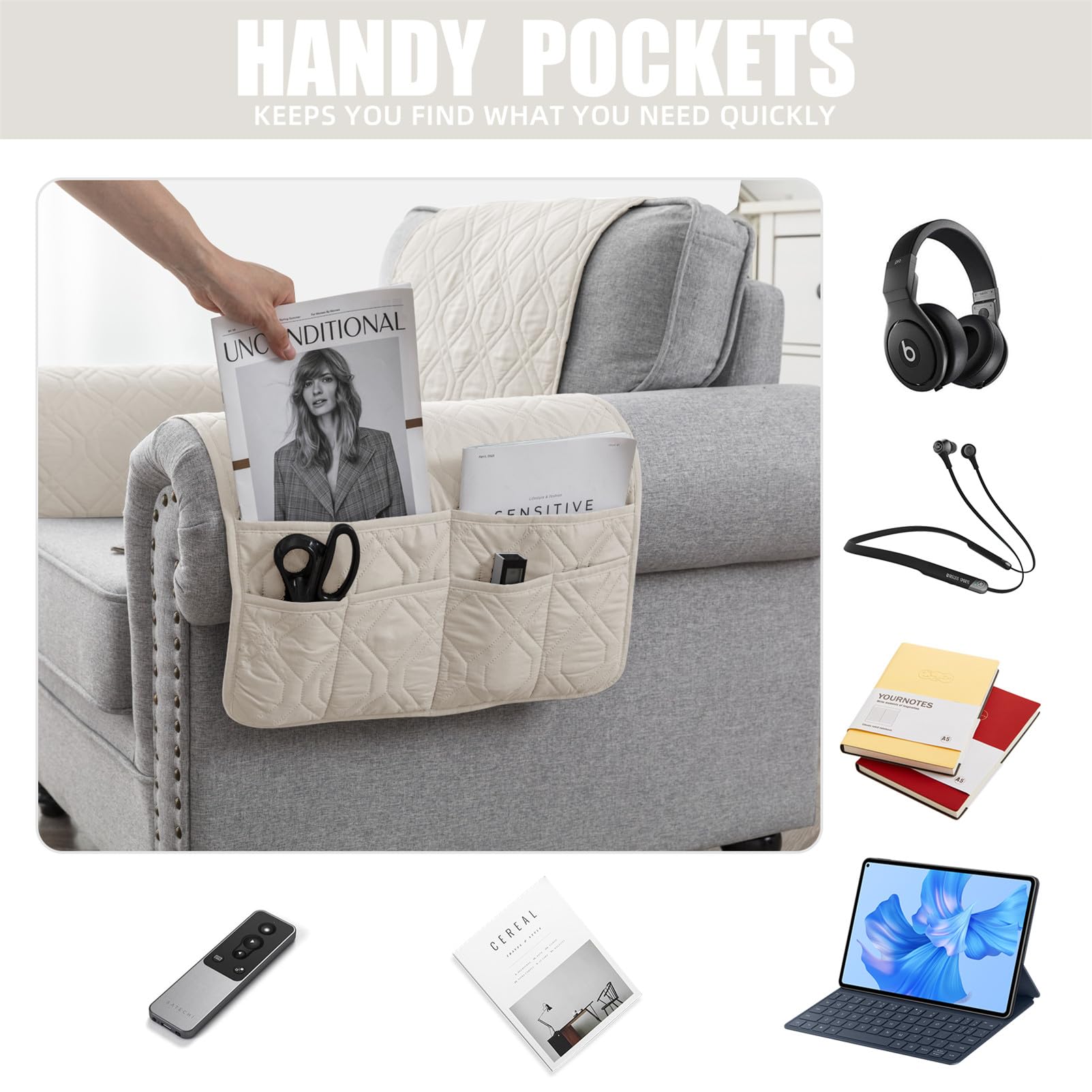 Copridivano Con Braccioli Elasticizzato Antiscivolo – 5 Pezzi Per Divano A 3 Posti, Colore Marrone Chiaro, Con Tasche Organizer E Protezione Impermeabile - 4