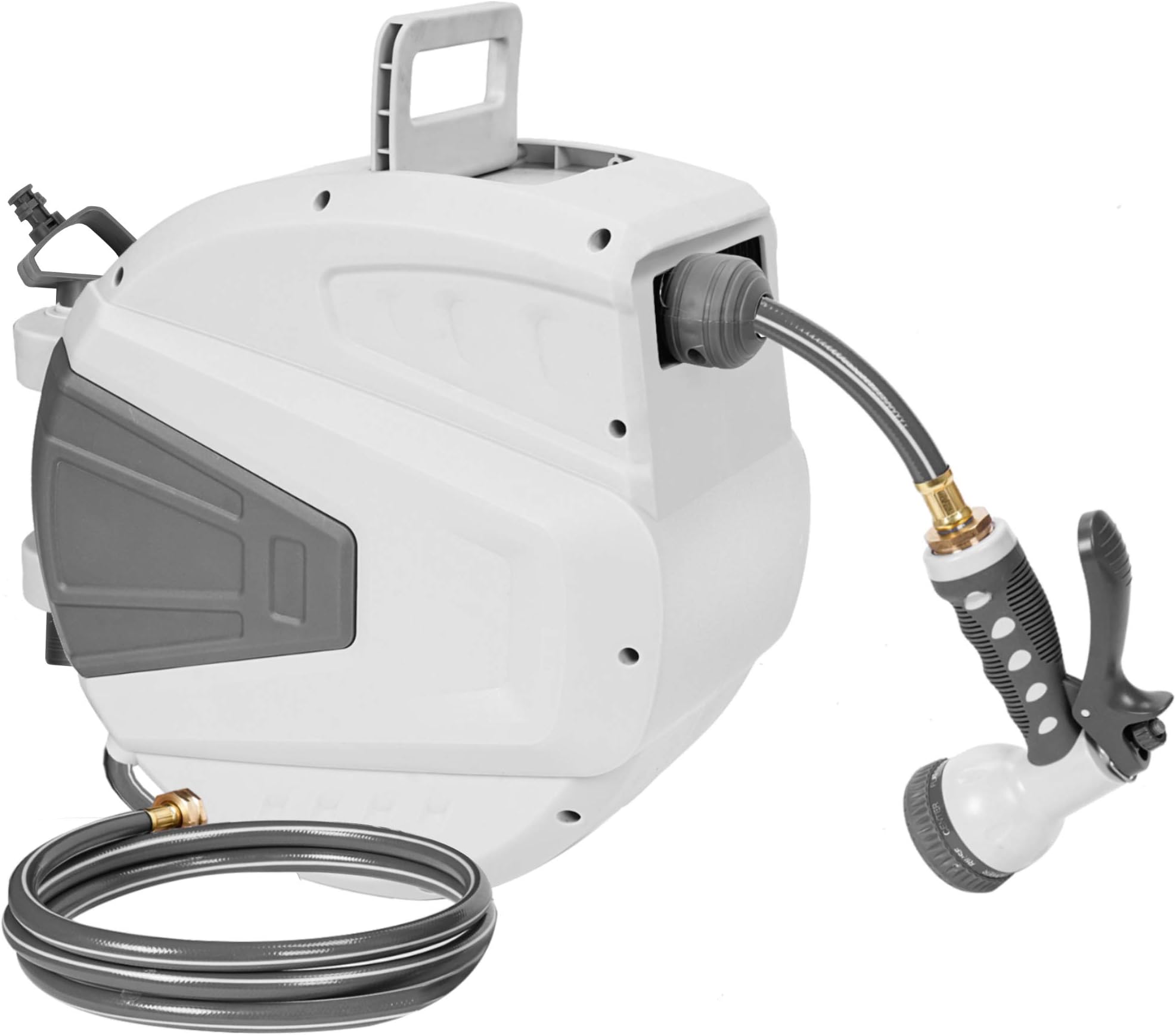 ORCISH Hose Reel,3/8 66 FT Wall Mounted Retractable Garden Hose-Reel with 9 Adjustable Sprayer Nozzle Any Length Lock/Automatic Rewind/Slow Return System/Wall Mounted/180°Swivel Bracket(GREY)