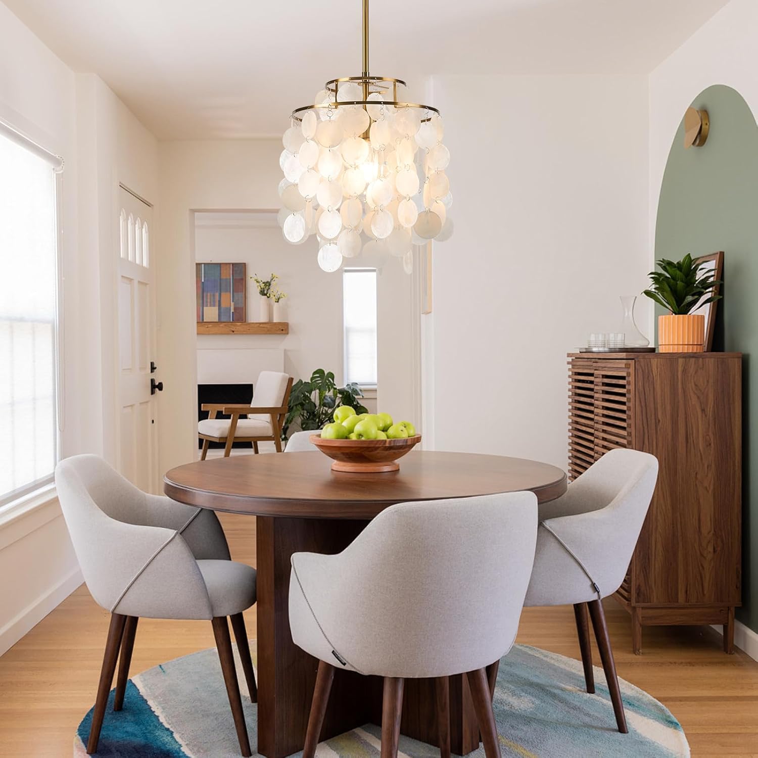 Capiz Shell Pendant Light 2 Tiers Round White Chandelier Coastal Ceiling Hanging Fixture for Living Roo,Dining Table, Bedroom, Kitchen, Foyer,W-11''