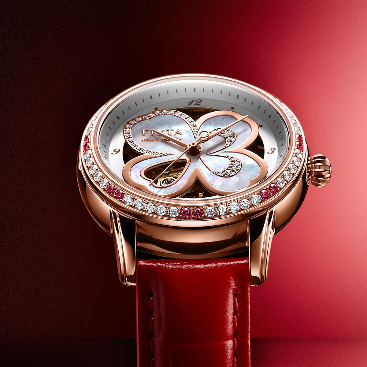 FIYTA Klover Damen Klassische Diamant Automatikuhr 3-Zeiger Lederband Damenuhr mit Perlmutt und Skelett Zifferblatt, Rotgold + Perlmutt / Rot, Liebe