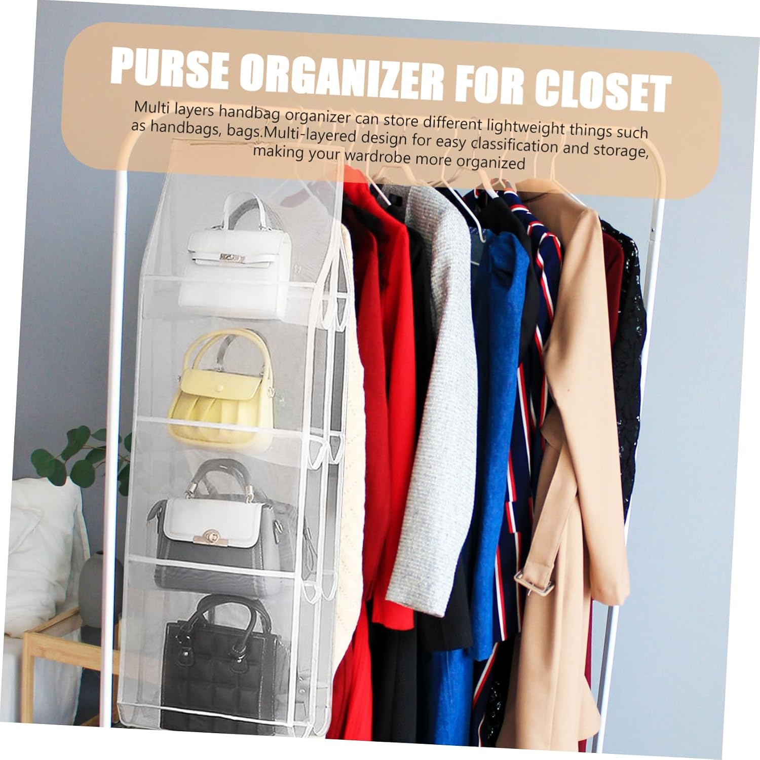 Handbag Organizer with Multi Pockets Transparent Hanging Storage for Closet Space Saving Purse Bags Holder Material for Handbags Clothes and Gadgets image 4