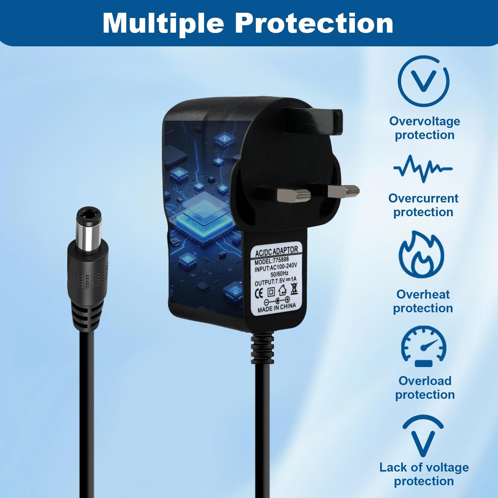 7.5V Radio Mains Adaptor for Roberts Elise, DC 1A Replacement Power Supply Charger for Roberts Elise DAB/FM/RDS Play20 for Gemini45/59 Revival iStream2 Digital Radio with 1M/3.3ft Cable and UK Plug — view 5