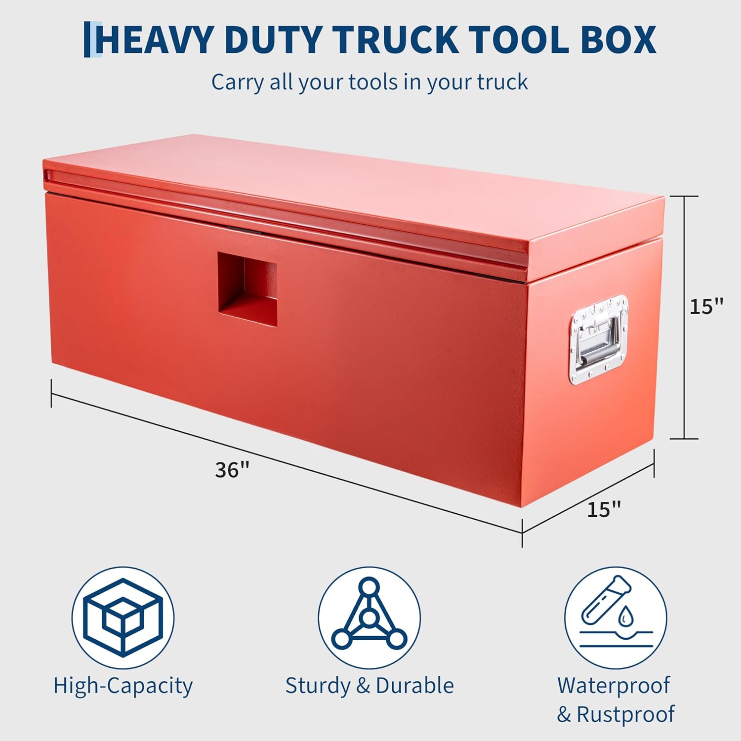 OUTLANE 15"X15"X36" Heavy Duty Steel Truck Bed Tool Box, Lockable Weatherproof Storage Organizer for Pickup, RV, Utility Trailer, Trailer Tongue & Jobsite, Powder-Coated Chest - Red
