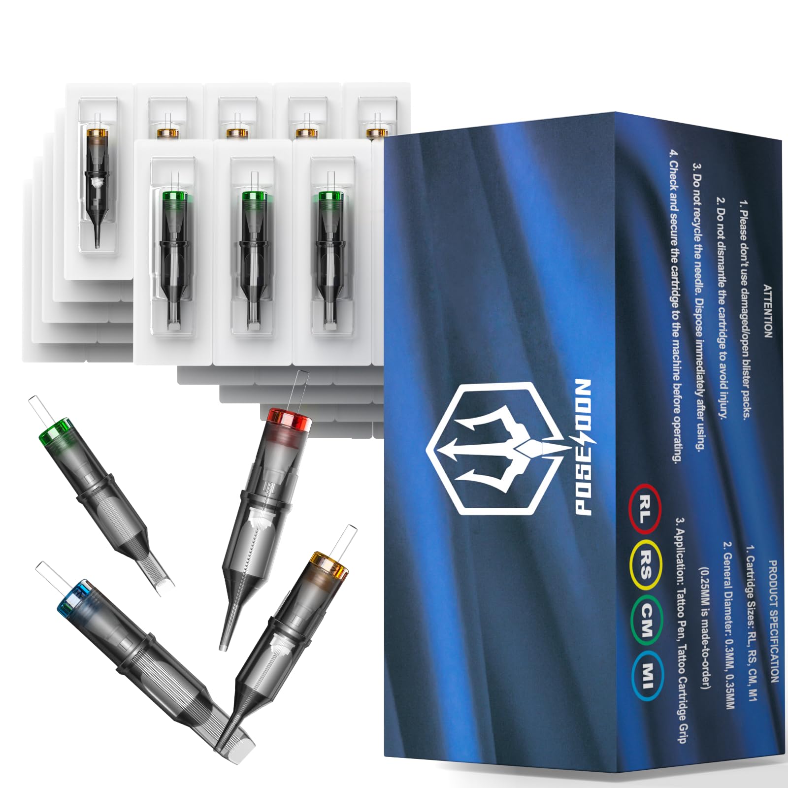 Poseidon Tattoo Cartridge Needles Assorted Mixed Size Round Liner Shader Magnum Curved/Round Mag 5rl 7rl 9rl 5rs 7rs 9rs 15m1 21m1 15cm 21cm Disposable Membrane Tattoo Needles 50Pcs