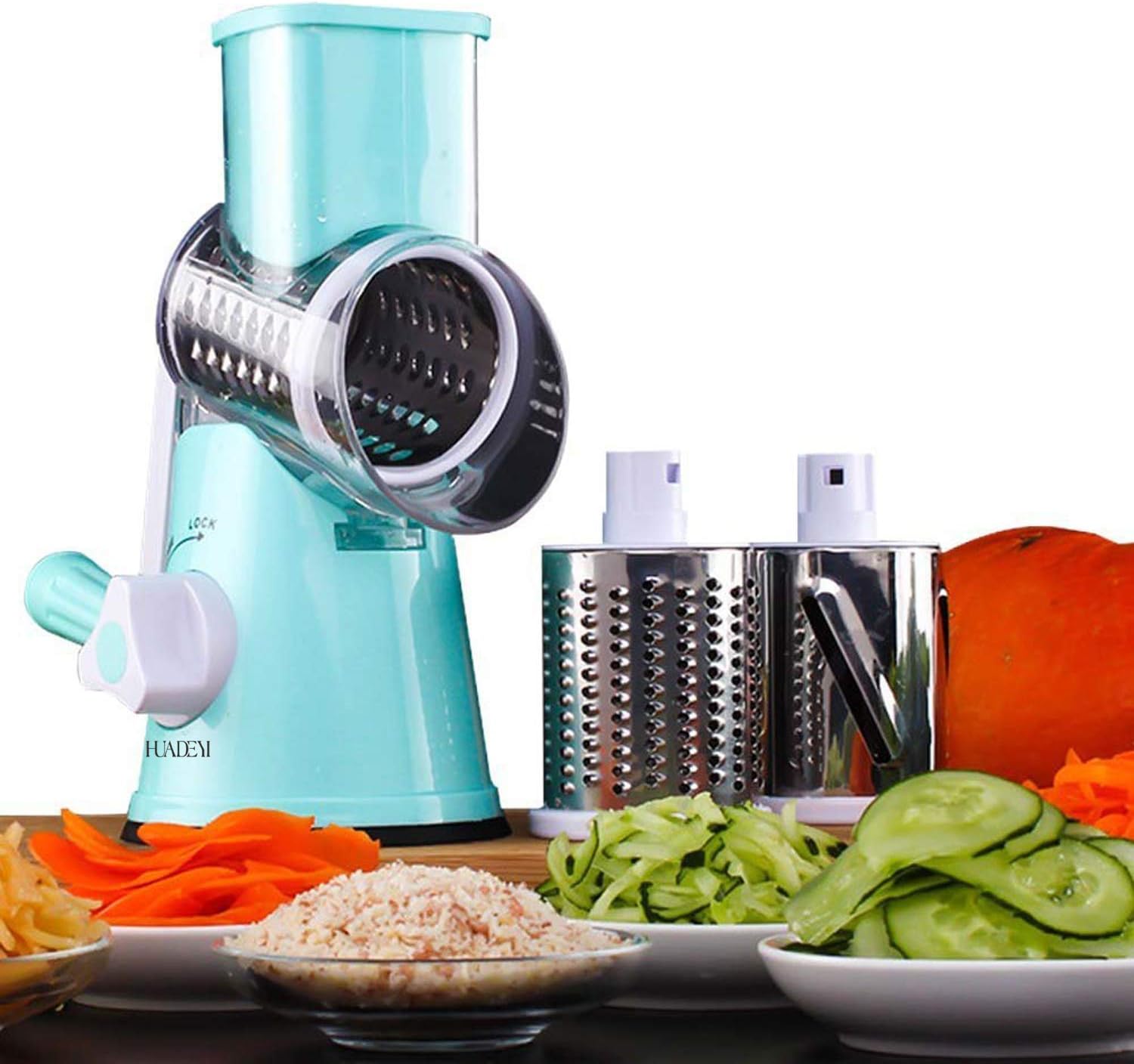HUADEYI Multifunctional Vegetable and Fruit Cutting Machine, Rotating Drum Cheese Grater with 3 Stainless Steel Revolving Blades, Manual and Safe Milling, Slicer (Blue)