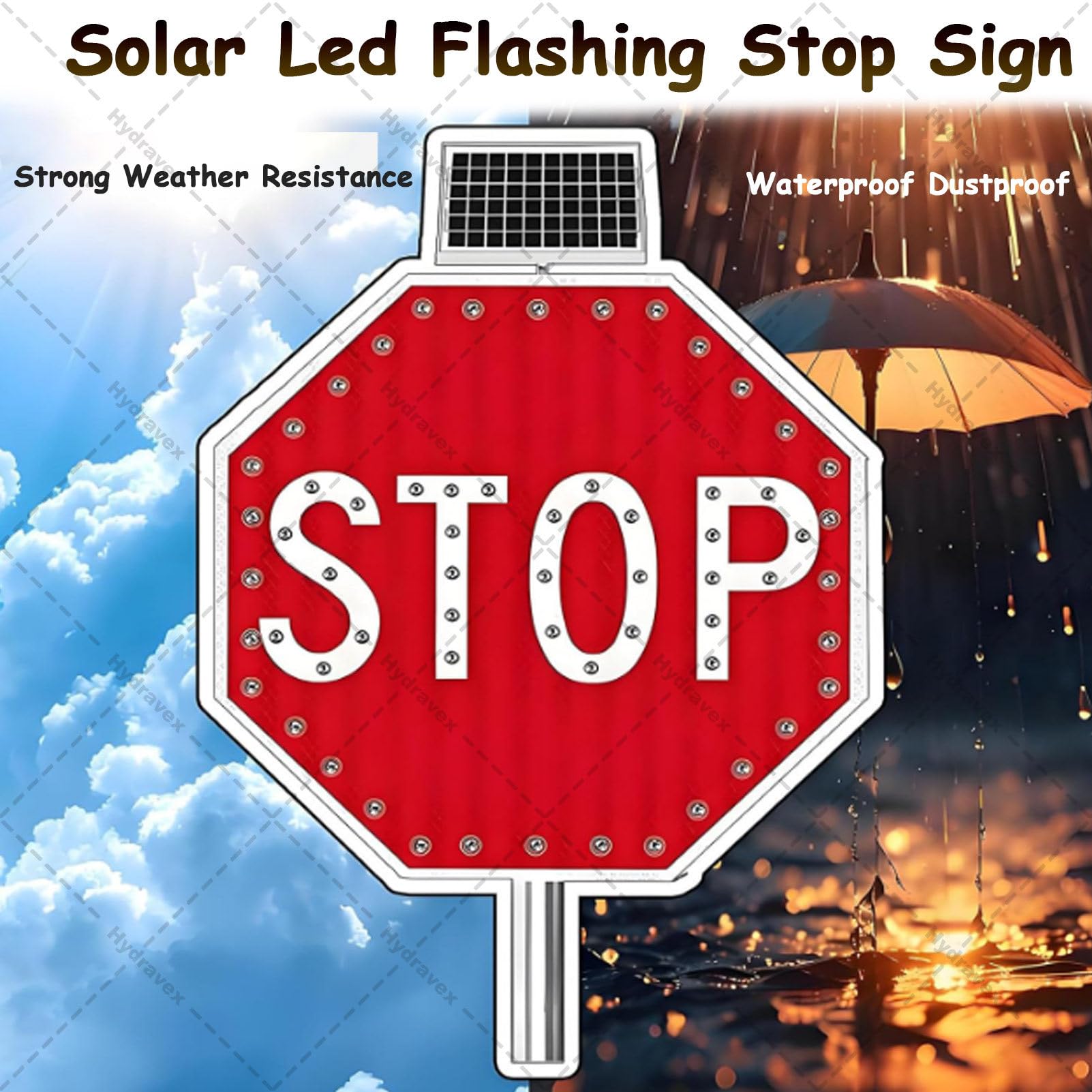 Señal de parada LED solar, señal de advertencia de tráfico parpadeante, señal de carretera iluminada de aluminio, IP65 impermeable