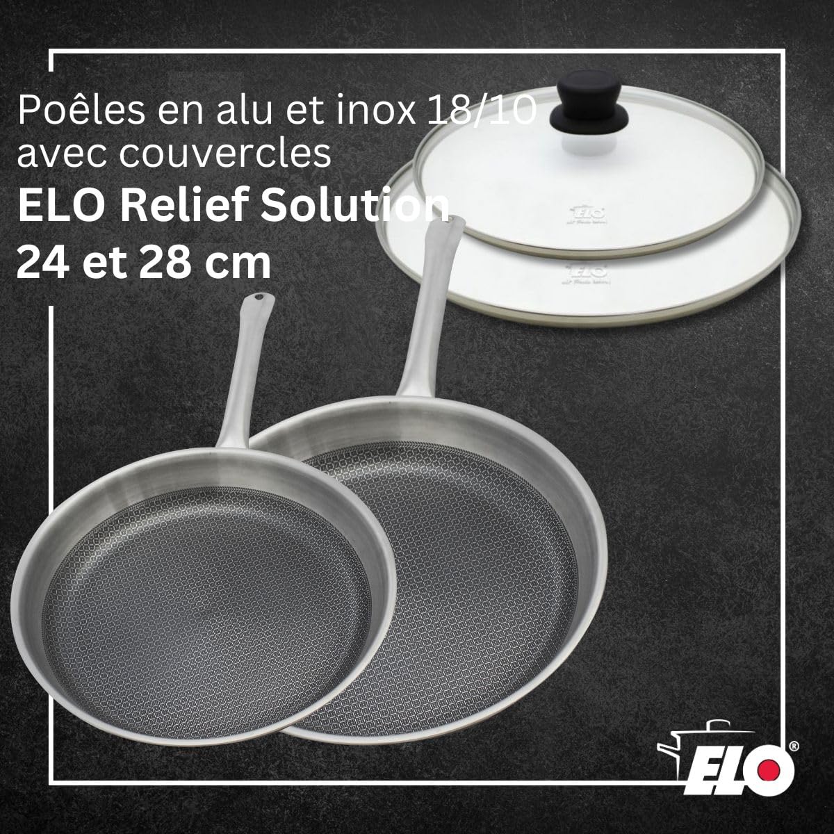 Elo 9350350 Poêles 24 et 28 cm Acier Inoxydable 18/10, Triply 3 Couches, Antiadhésif Minéral Elodur Select Sans PFAS, Résistant aux Rayures, Tous Feux Dont Induction et Four, Garantie 4 Ans, Inox, Alu