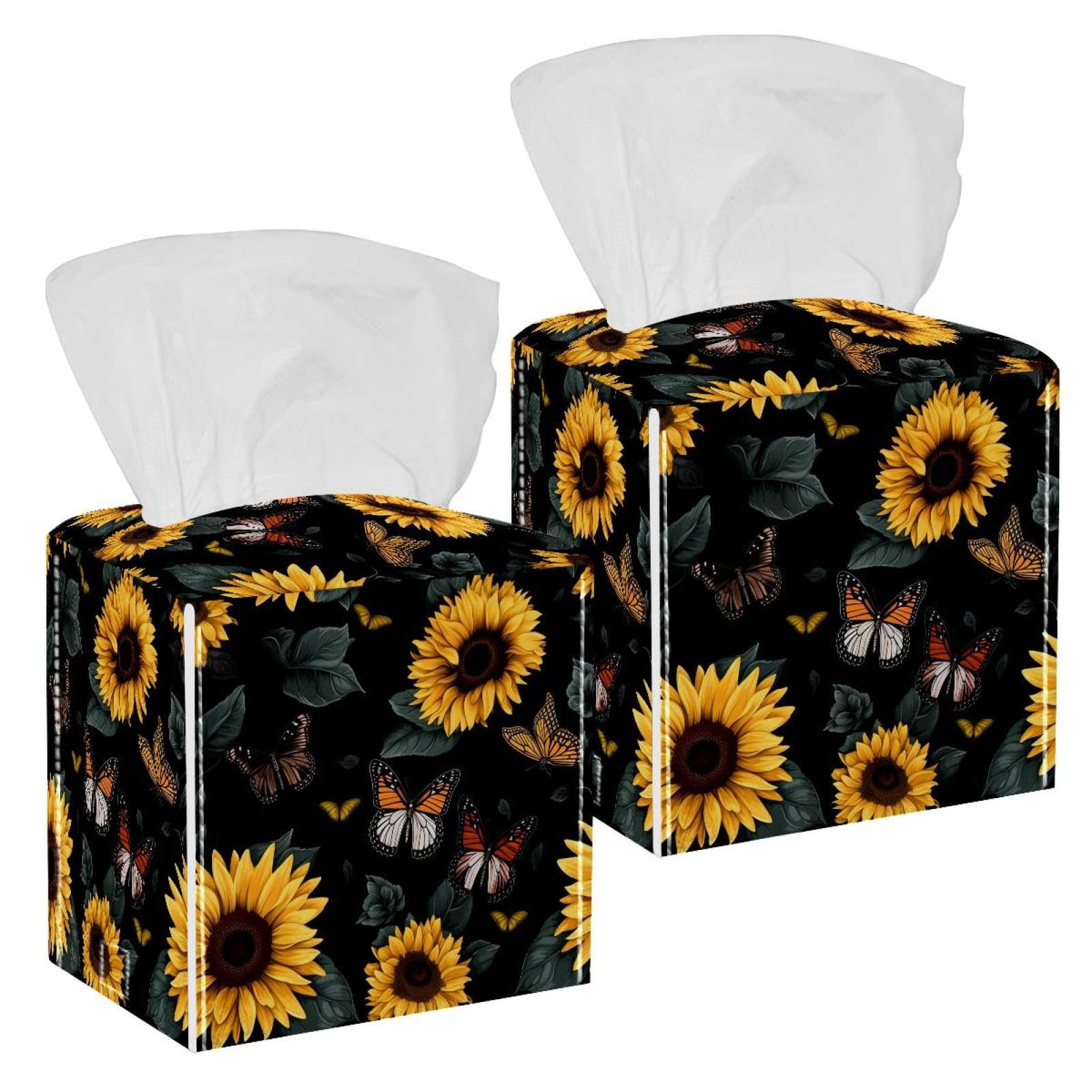 Sunflowers Tissue Box Cover, 2 Pack PU Leather Square Facial Tissue Dispenser Box holder for Home Office Car