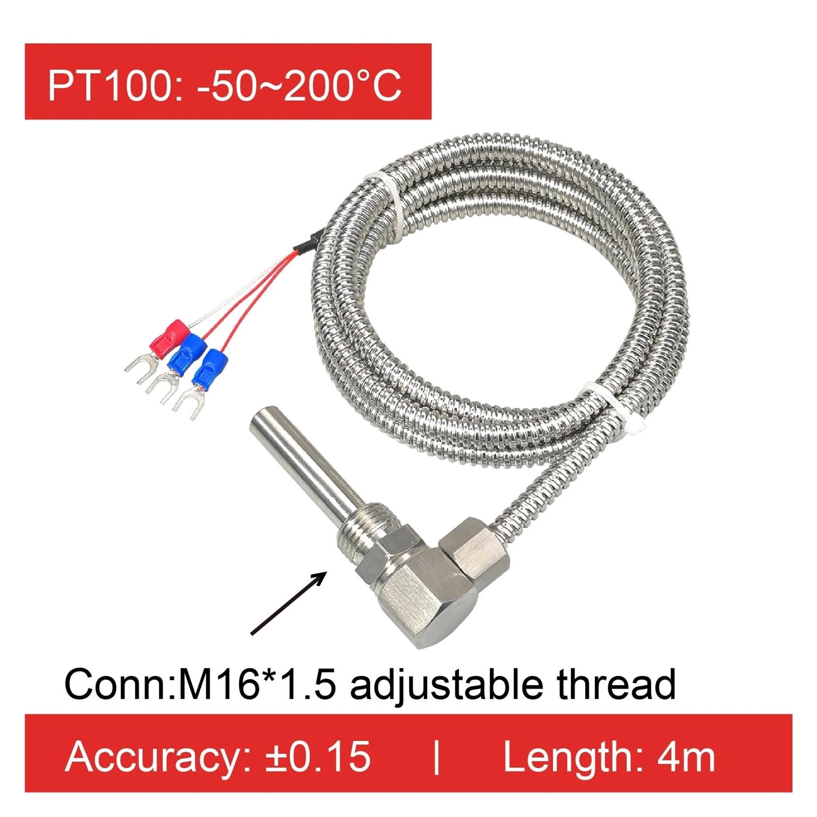 WZPT-D2M16 Sensor de temperatura del rodamiento del motor Sonda PT100 Rosca M16 de ángulo recto -50 a 200 °C Cable de acero inoxidable 1-5 m | Pt100-4M