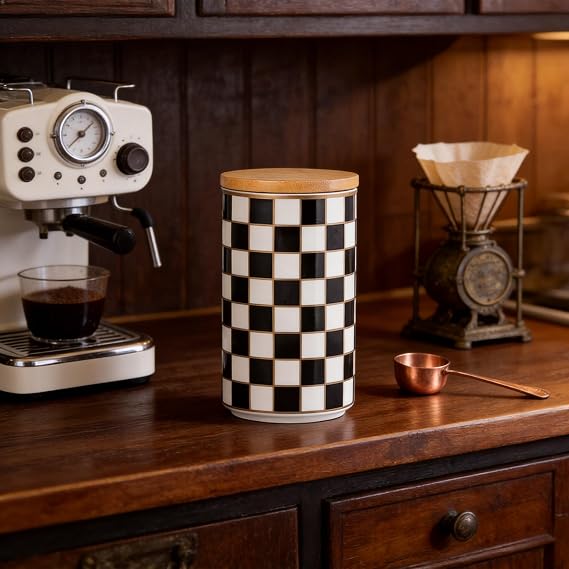 Checked Ceramic Countertop Kitchen Storage Containers, Black and White Food Storage Containers with Lid, Airtight Kitchen Containers for Flour, Sugar, Coffee, Tea