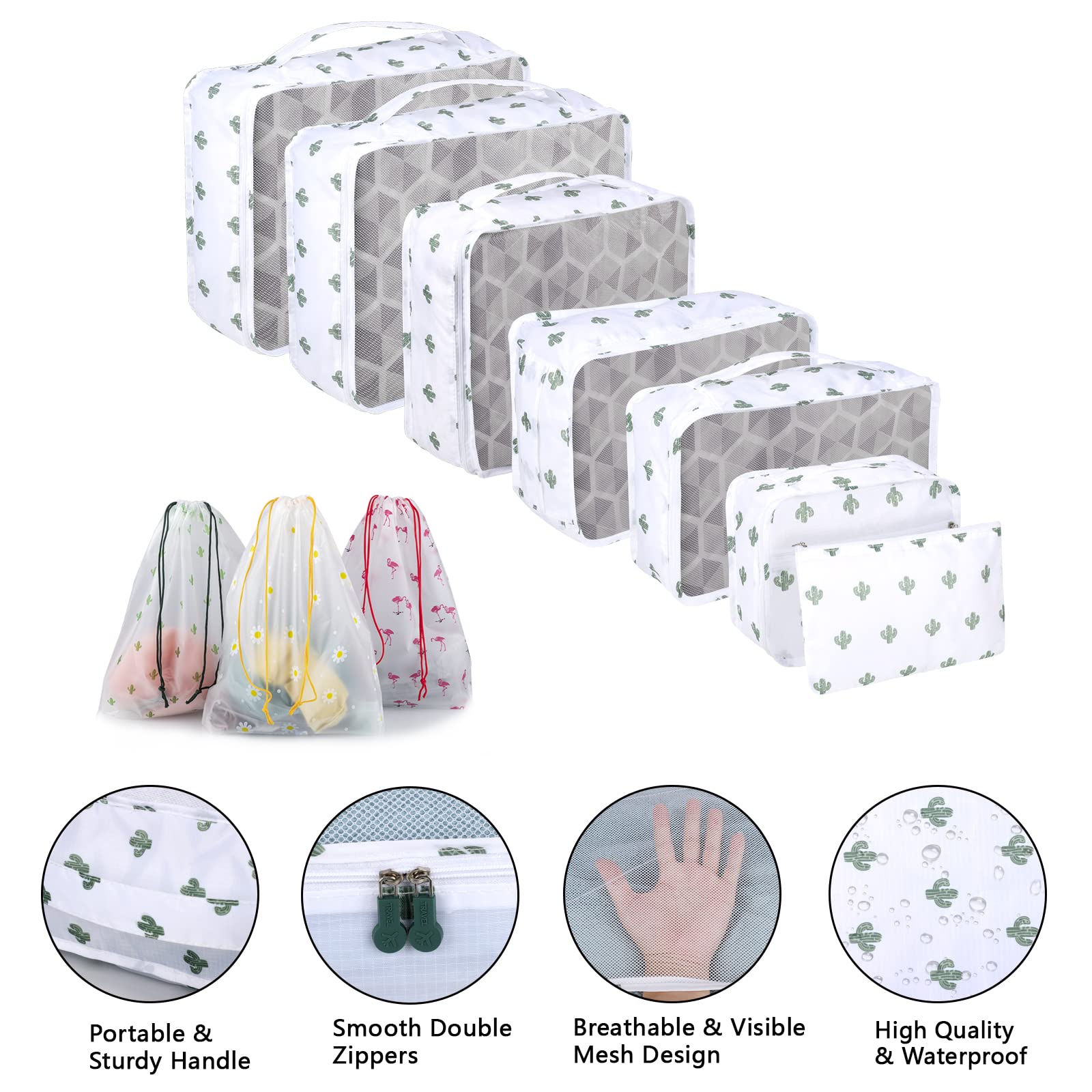 Sciphylia Organizer Valigie Organizer Valigia Set di 10 Borse Organizer da Viaggio Impermeabili Cubi di Imballaggio Viaggio Accessori Utili per Vestiti Cosmetici Scarpe Biancheria Intima Cactus Bianco