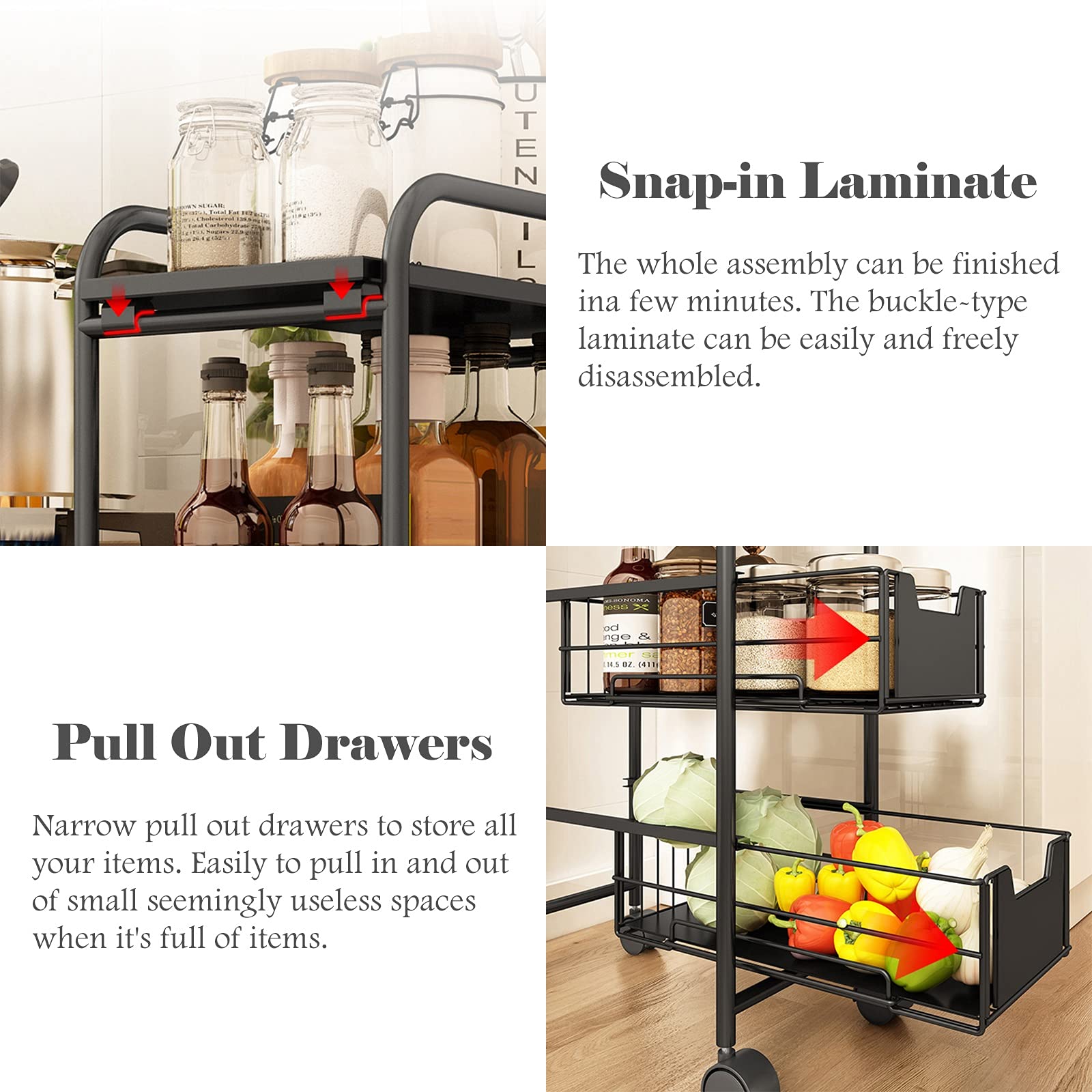 Trolley op wielen, 24 cm brede keuken uitschuifbare opbergwagen, zwarte 3-laags badkamer smalle plank toren met wielen, draagbare garages organizer trolley