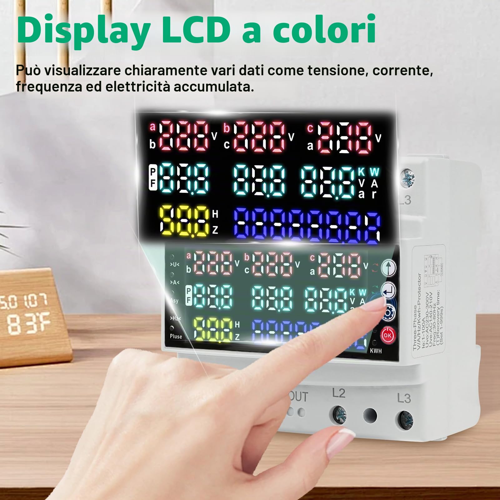 Contatore Energia Elettrica, 3 fasi Misuratore di Potenza Trifase con Display LCD Contatore Elettrico per Guida Protezione da Sovratensione/sottotensione Misuratore Consumo Elettrico AC 230V 100A