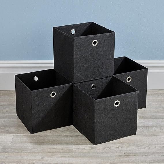 Home Source Cube Storage Boxes, Collapsible Fabric Storage Baskets, Foldable Canvas Organising Boxes, 4 Piece, Black