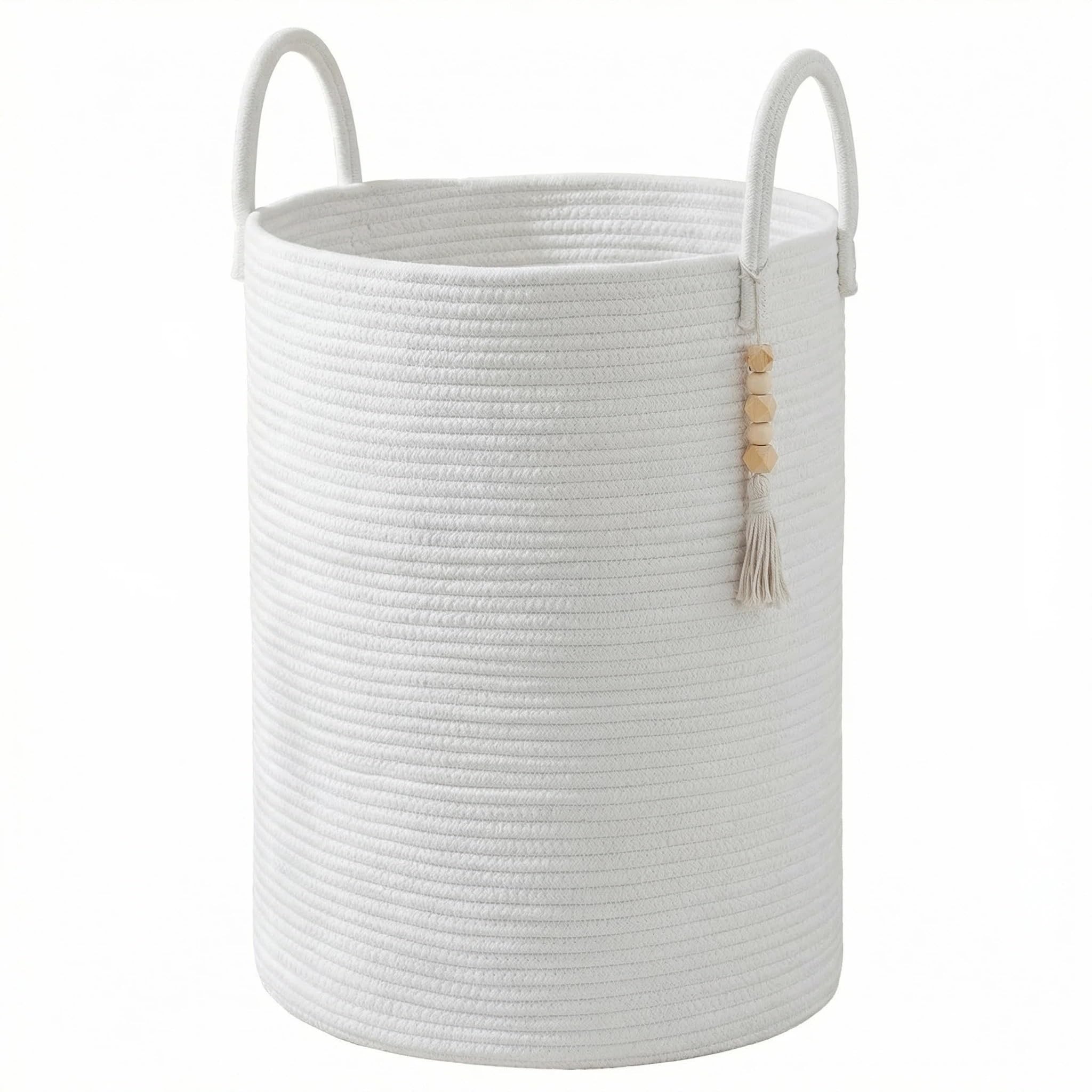 Grande cesto portaoggetti in corda di cotone intrecciato da 60 l, con manici, alto per biancheria e giocattoli, per asilo, soggiorno e camera da letto, cestino morbido e pieghevole (bianco)