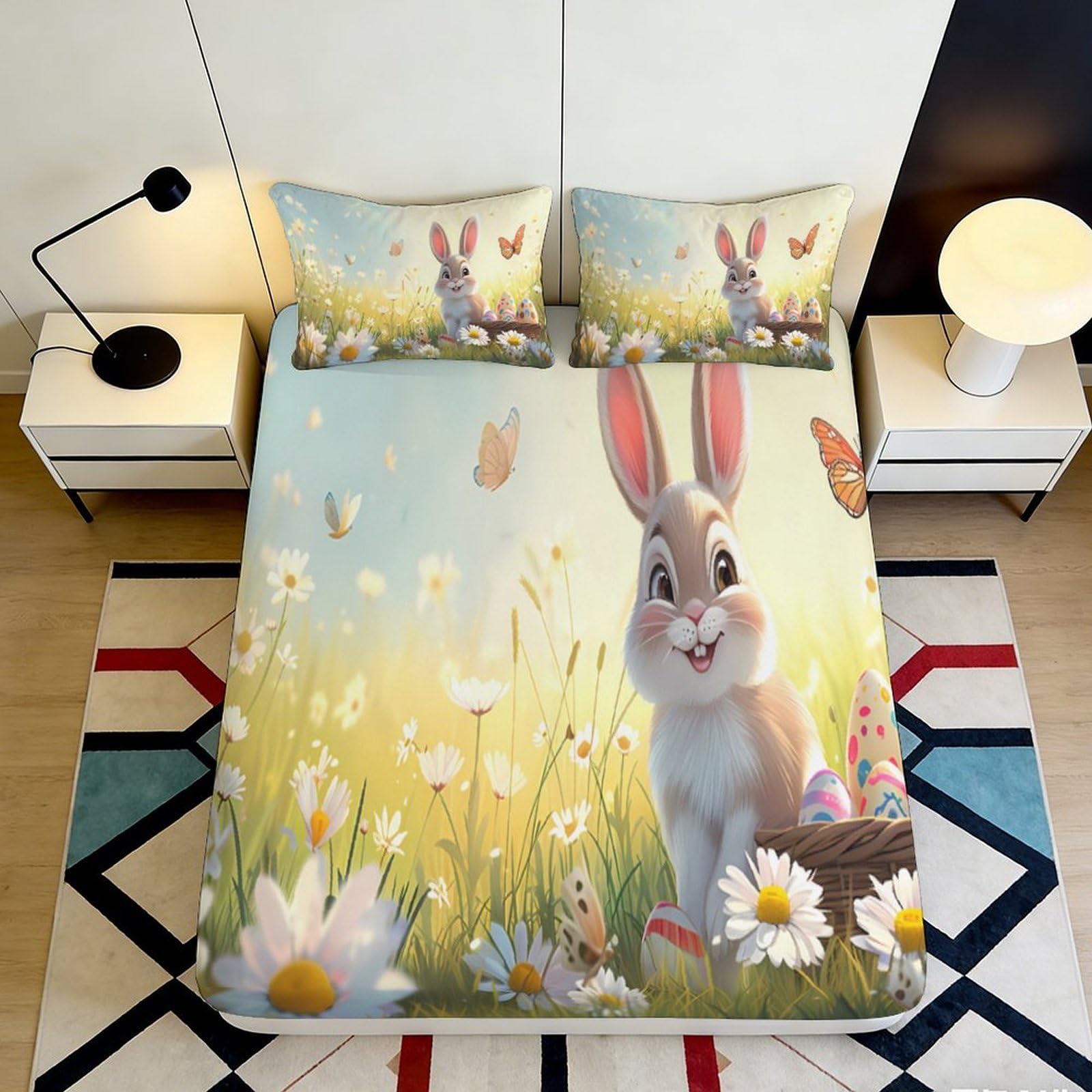 3D Printed Bunny Meadow Fitted Sheet Microfiber Soft Pastel Flower Mattress Cover for Bedroom Guest Room Decor 90x200x25cm