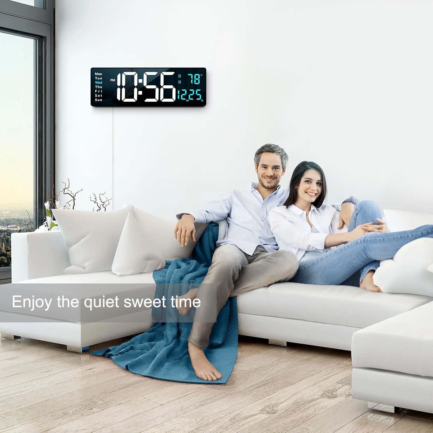 Abovsare Plastic Digital Wall Clock Large Display, 16.2 Inch Large Wall Clocks, Led Digital Clock with Remote Control/Automatic Brightness Dimmer Big Clock with Date Week Temperature (Blue) 4