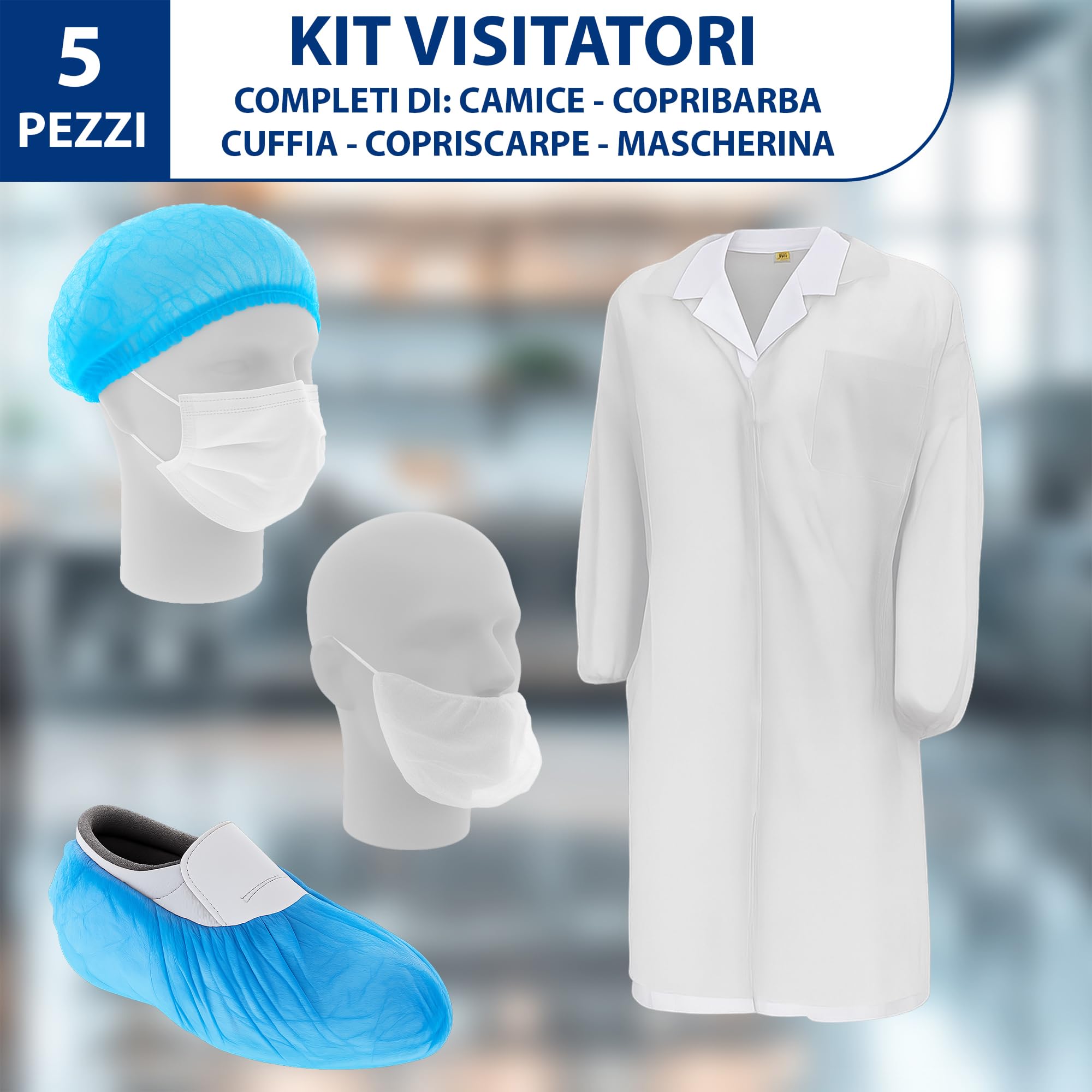 Kit Visitatore Monouso Bianco con Camice, Copriscarpe, Cuffia, Copribarba e Mascherina