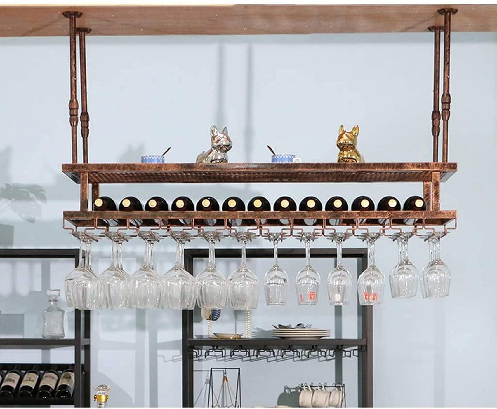 Porte-verre à vin et casier suspendu en métal bronze 120cm pour plafond de cuisine et bar