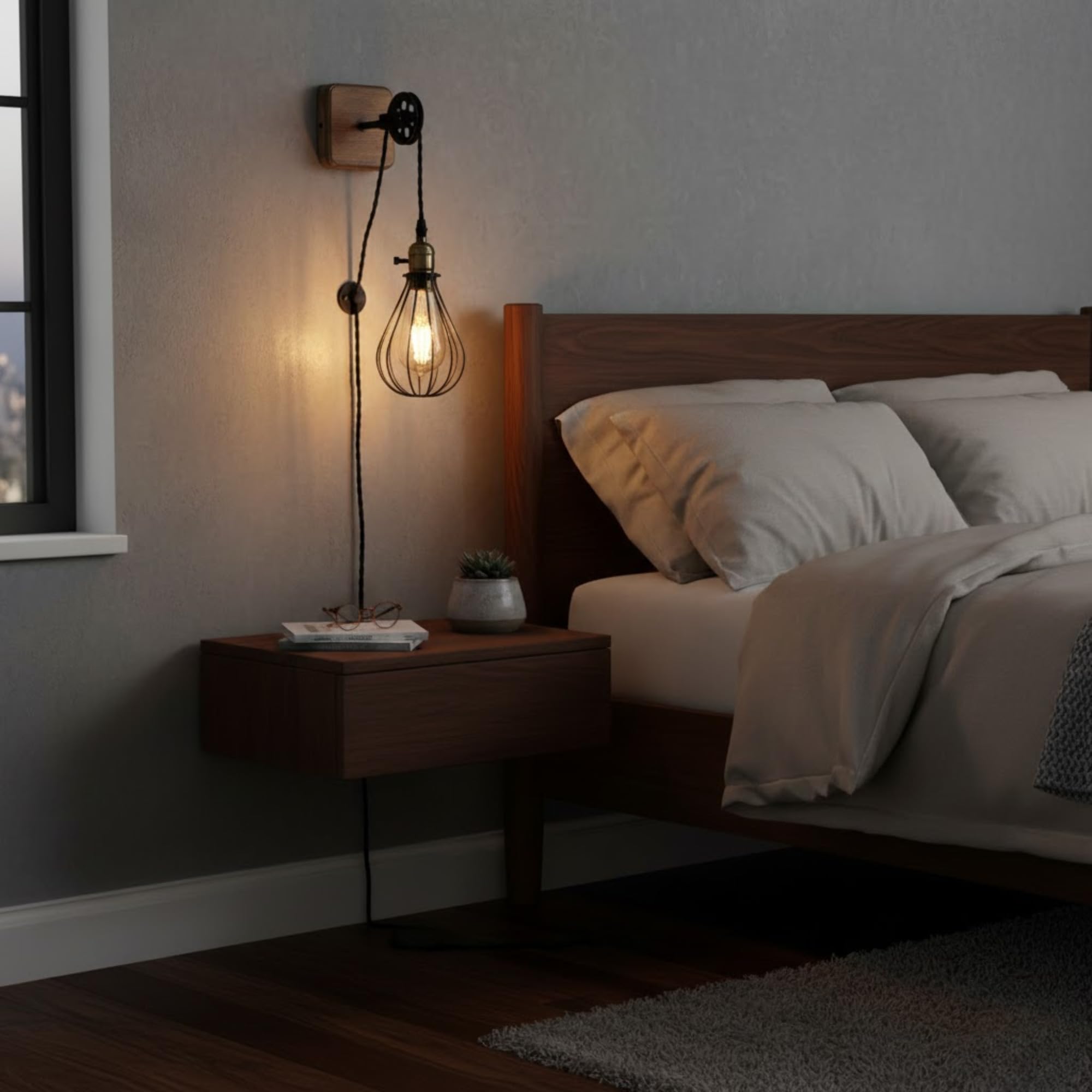 B·LED BARCELONA LED BarcelonaLED Applique Murale Vintage Bois avec Prise de Câble et Interrupteur Poulie Industrielle Suspendue Support de Lampe Cage E27 Socket