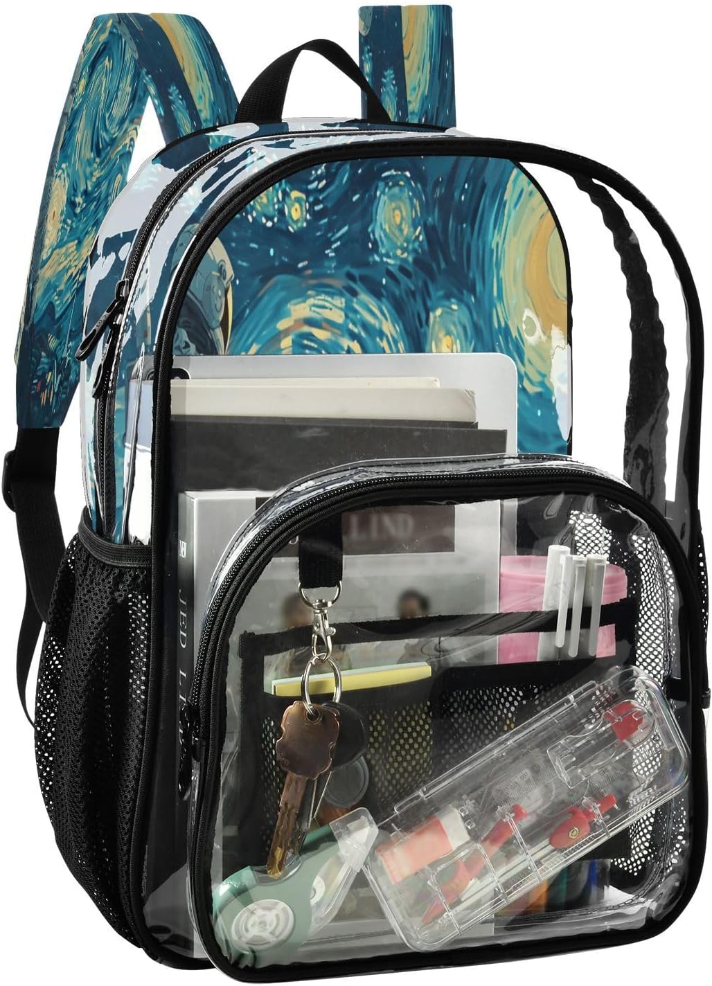Starry Night Astronaut Clear Backpack Heavy Duty See Through Transparent PVC BookBag for Kids Boy Girl Adult School Work