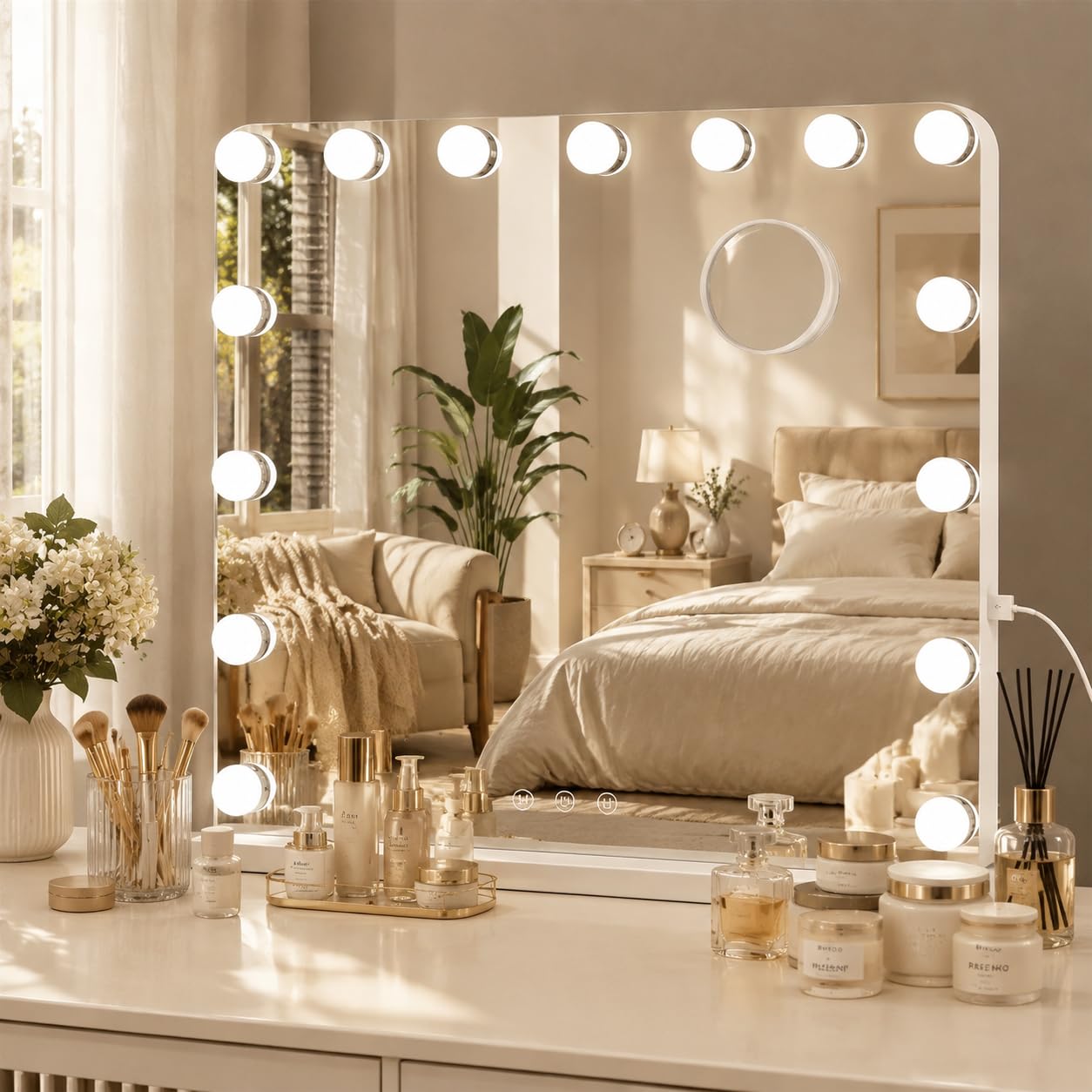 MAMIZO Hollywood Spiegel 50x40 cm, Schminkspiegel mit Beleuchtung, 15 LED | Schminkspiegel für Make-Up, 3 Lichtfarben, Enstellbare Helligkeit, mit USB und 10x Lupe, Spiegel mit Licht, Wandspiegel