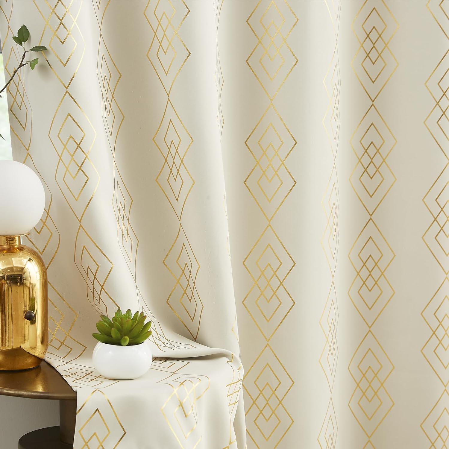 100% blackout curtains for berdoom, gold on beige metallic geometric diamond pattern curtains 84 inches long living room darkening thermal insulated drapes grommet top window curtain, 2 panels 50"w x 84"l (pack of 2) diamond gold on beige
