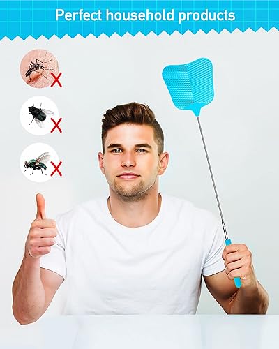 Miniatura 7 de Wapodeai Paquete de 2 matamoscas resistente, matamoscas telescópico, mango de acero inoxidable para matamoscas (azul)