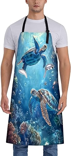 Delantal de tortuga oceánica para mujer, 28 x 33 pulgadas, delantales de cocina con 2 bolsillos, poliéster, delantal de tortuga marina y arrecife de
