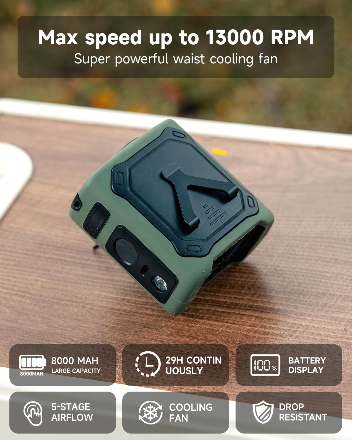 2026 Raffreddamento Ventilatore da Vita Portatile,8000mAh Autonomia 29H Ricaricabile USBC,5Velocità 13000RPM con Illuminazione LED SOS per Cantiere,Campeggio,Escursionismo,Lavoro Estivo,albicocca