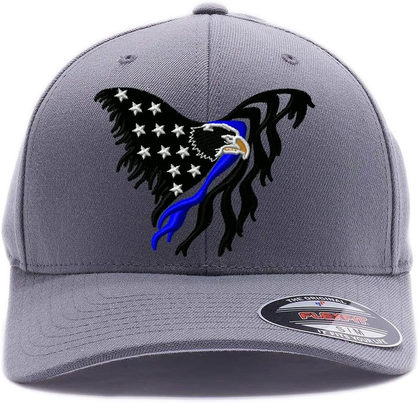 FlexfitThin Red Line and Thin Blue line Eagle USA Flag. Custom Embroidered Flex Fitted hat (L/XL Grey)