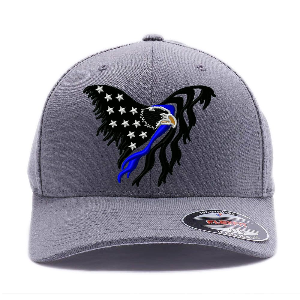 FlexfitThin Red Line and Thin Blue line Eagle USA Flag. Custom Embroidered Flex Fitted hat (L/XL Grey)