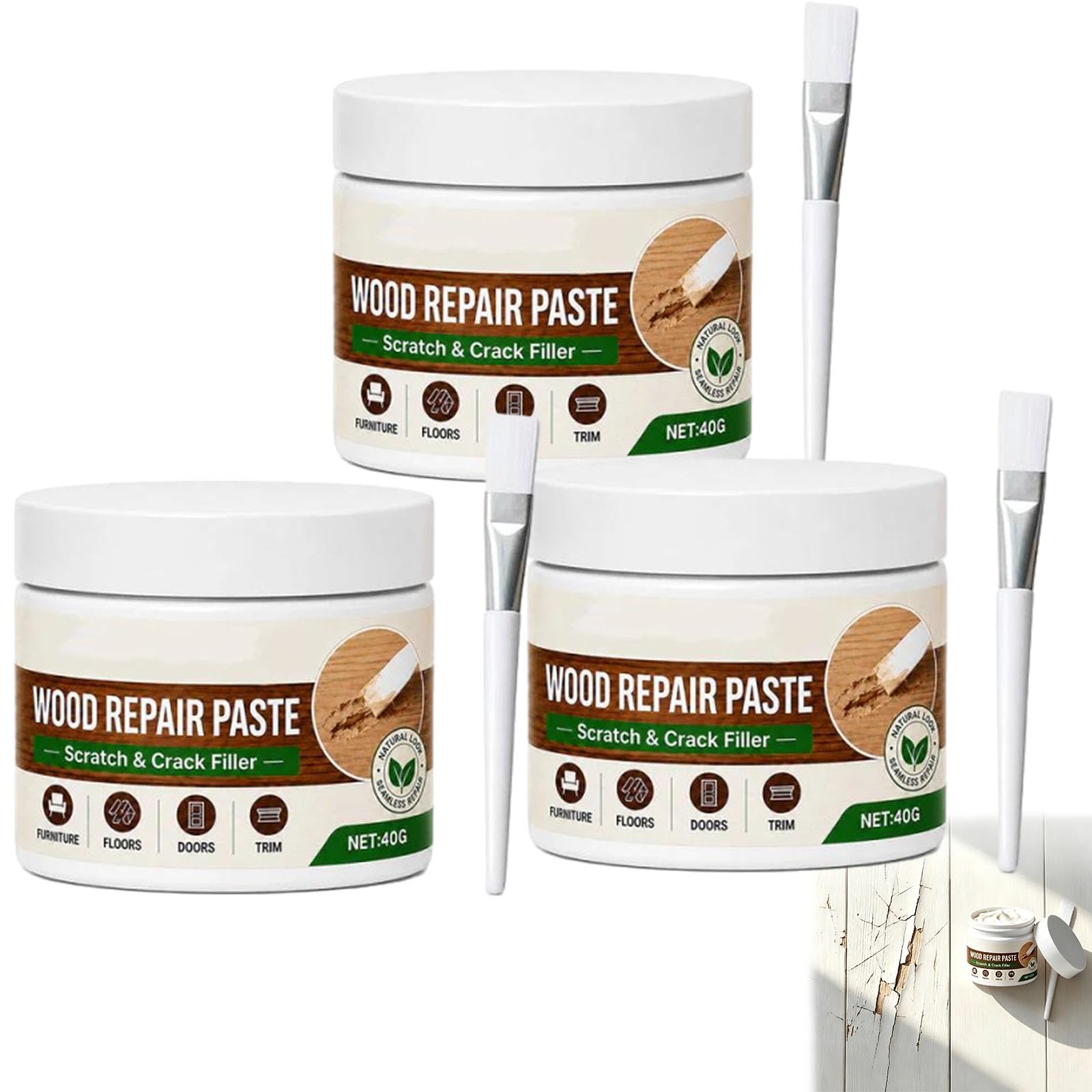 Wood Repair Paste - Fast Dry Furniture Floor Filler with Brush (Brown,3pcs)