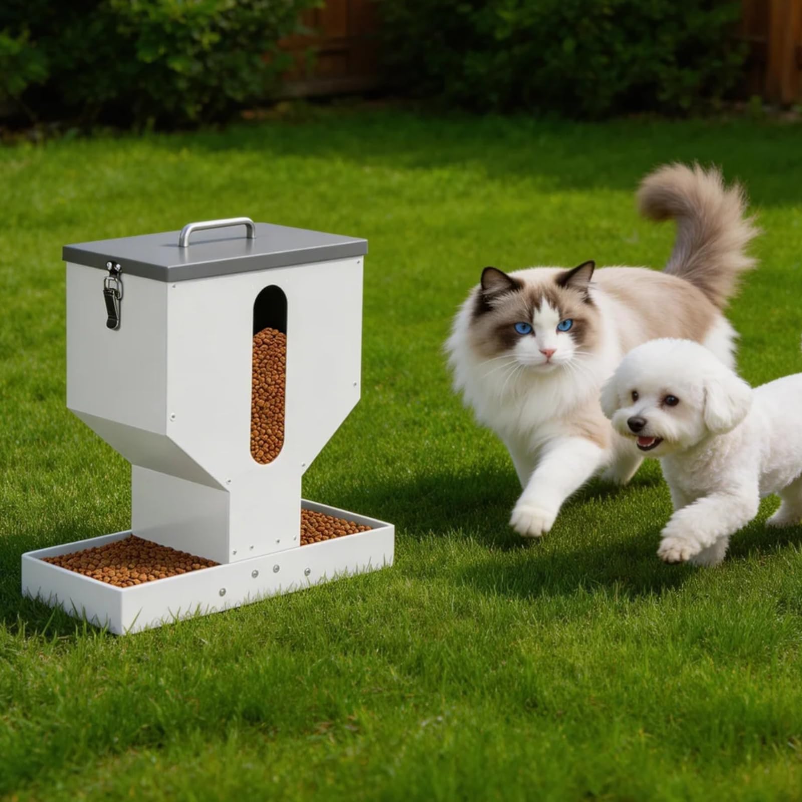 Comedero automático para gatos para 2 mascotas, 12 L de metal para mascotas, dispensador de comida seca con doble embudo, gran capacidad, gravedad, comedero para perros y gatos