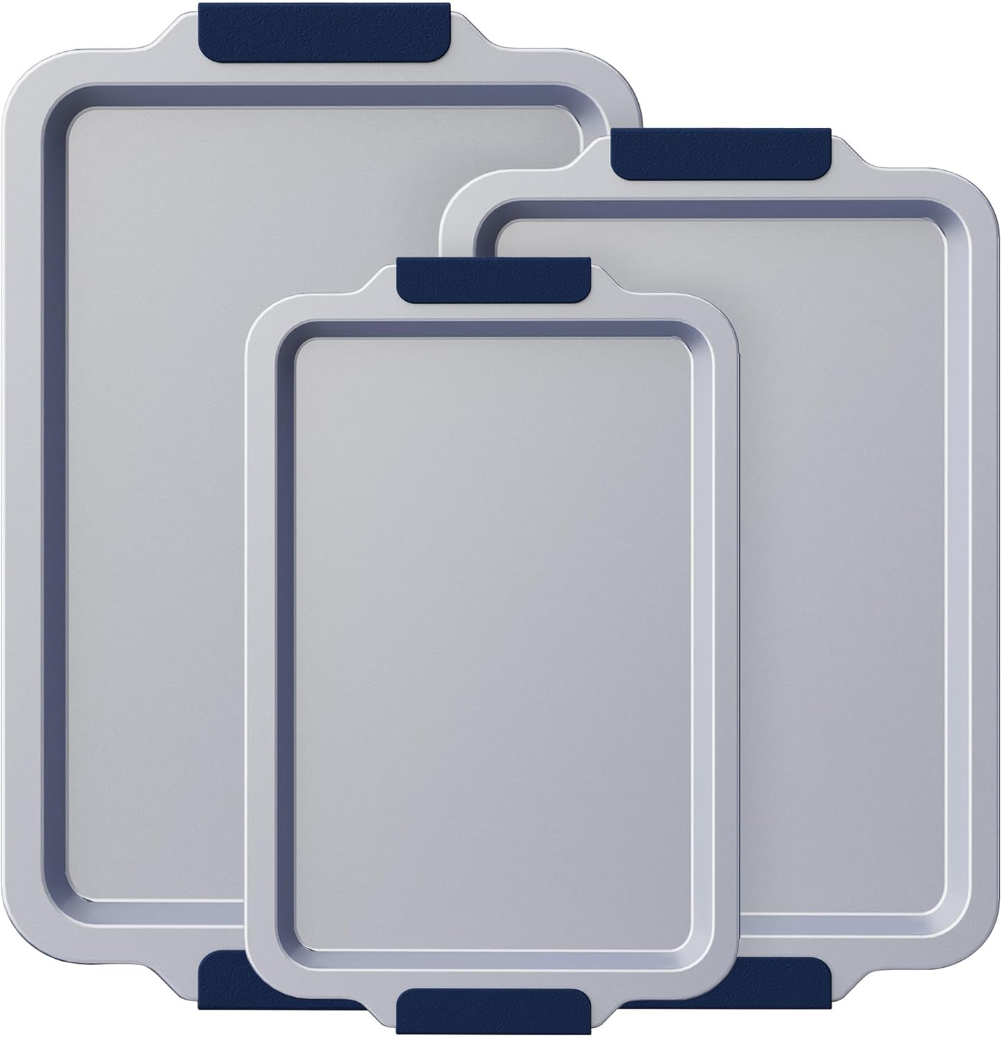 BRONYPRO Non Stick Ceramic Baking Sheet Pan Set of 3, Non Toxic Cookie Sheets (PFAS/PFOA/PTFE Free), Aluminized Steel Oven Trays with Silicone Handles, Rust-Resistant, Warp-Resistant to 500°F, Navy