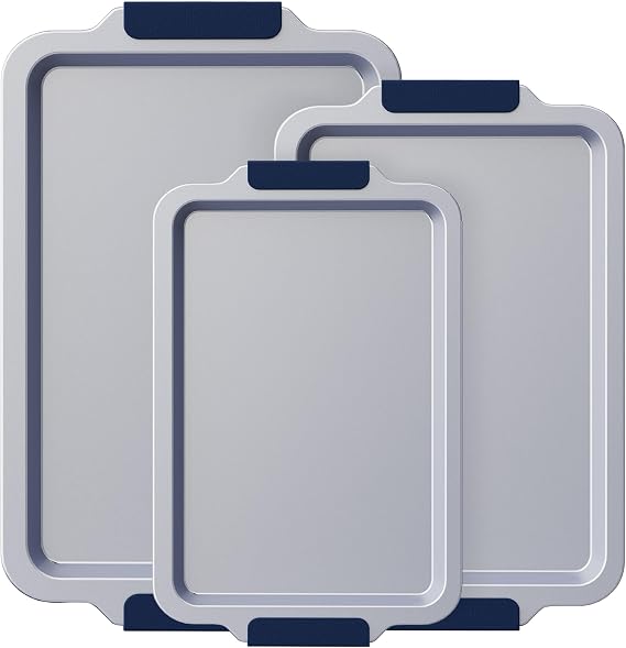 BRONYPRO Non Stick Ceramic Baking Sheet Pan Set of 3, Non Toxic Cookie Sheets (PFAS/PFOA/PTFE Free), Aluminized Steel Oven Trays with Silicone Handles, Rust-Resistant, Warp-Resistant to 500°F, Navy