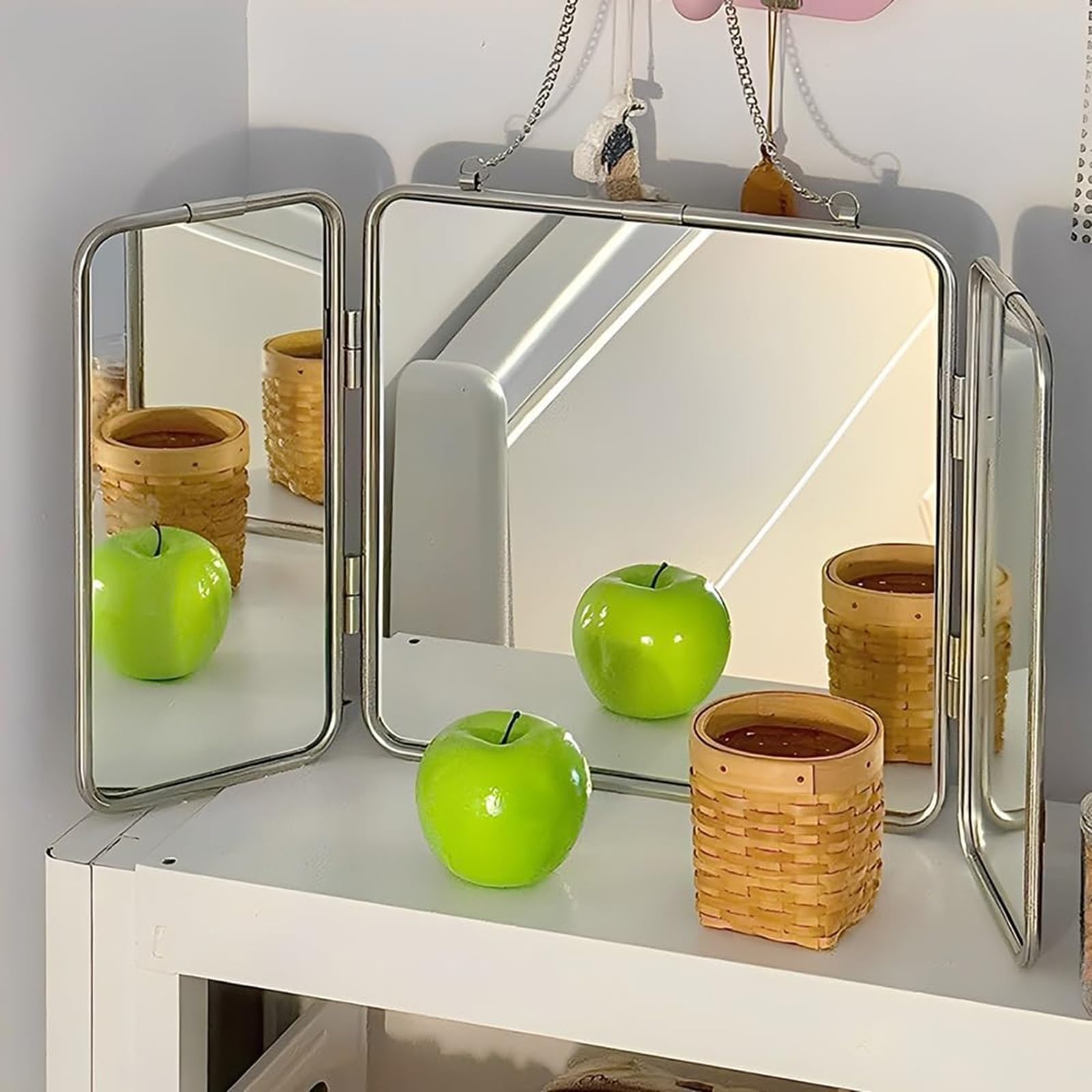 Specchio da trucco portatile a 3 vie, pieghevole, con catena, per bagno e camera da letto, specchio cosmetico compatto, 30 x 60 cm, per viaggi e uso domestico