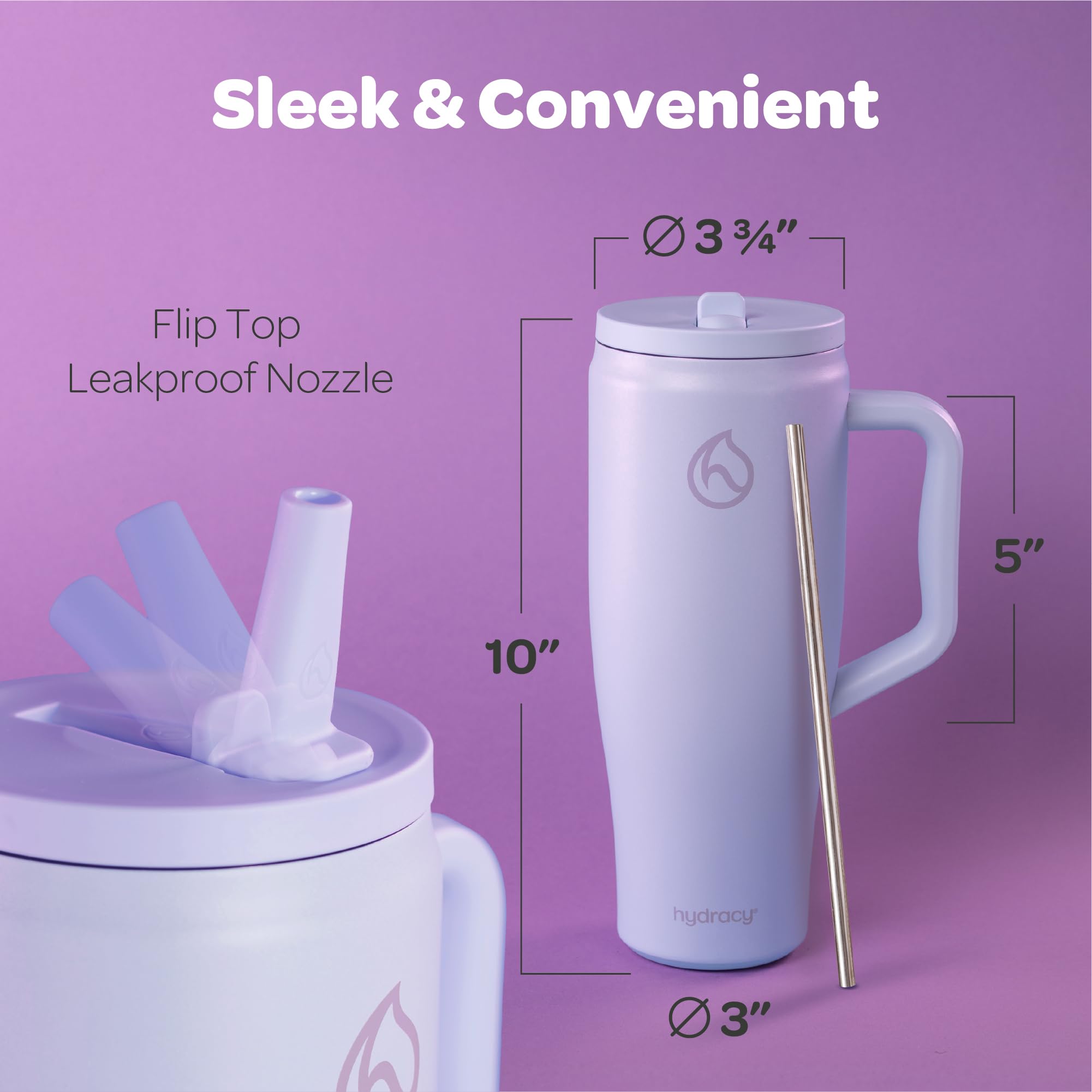 Hydracy Soulmate Bicchiere termico da 1,18 L con manico e cannuccia retrattile - Tazza isolante riutilizzabile a prova di perdite al 100% con cannuccia in acciaio inossidabile - Lilac Haze