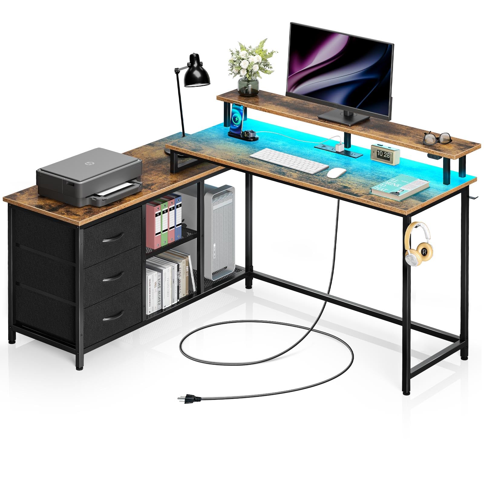 Photo 1 of (NON-REFUNDABLE) Seventable L Shaped Computer Desk with Drawers, Reversible Gaming Desk with LED Lights & Charging Port, Corner Desk with Storage Shelves & Monitor Stand for Home Office Rustic Brown