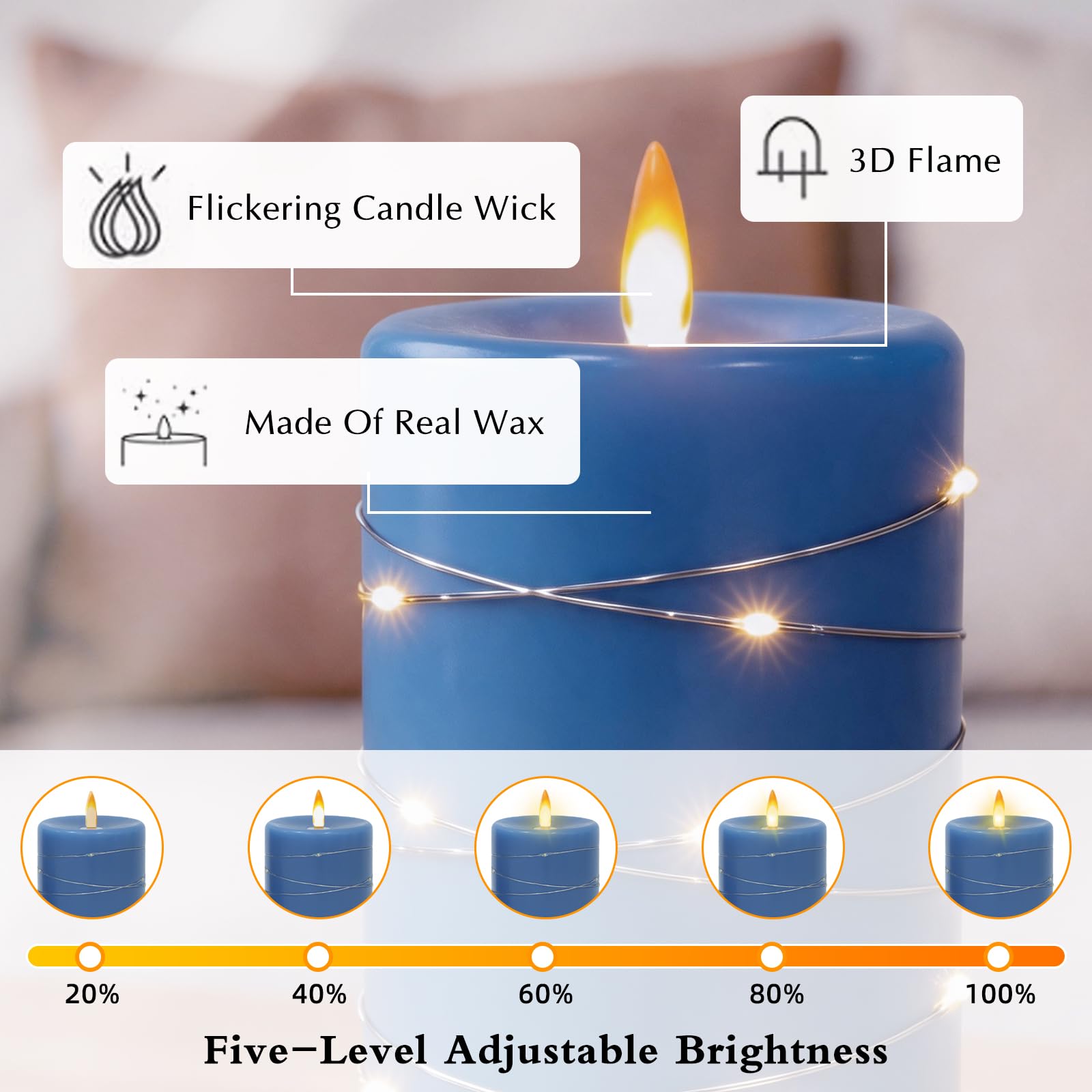 Candele LED Ricaricabili, Set da 3 con Luci a Filo Integrate, Blu | Vera Cera, Senza Fiamma, Telecomando, Timer 2/4/6/8 Ore, Effetto Fiamma Danzante, Luce Tremolante, per Casa e Matrimonio