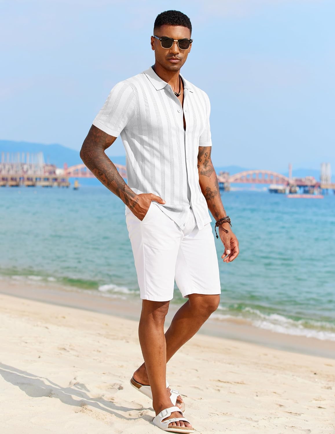 COOFANDY Men's Knit Polo Shirt Vintage Button Down Shirt Short Sleeve Hawaiian Shirt 2025 Summer Fashion Beach Shirts