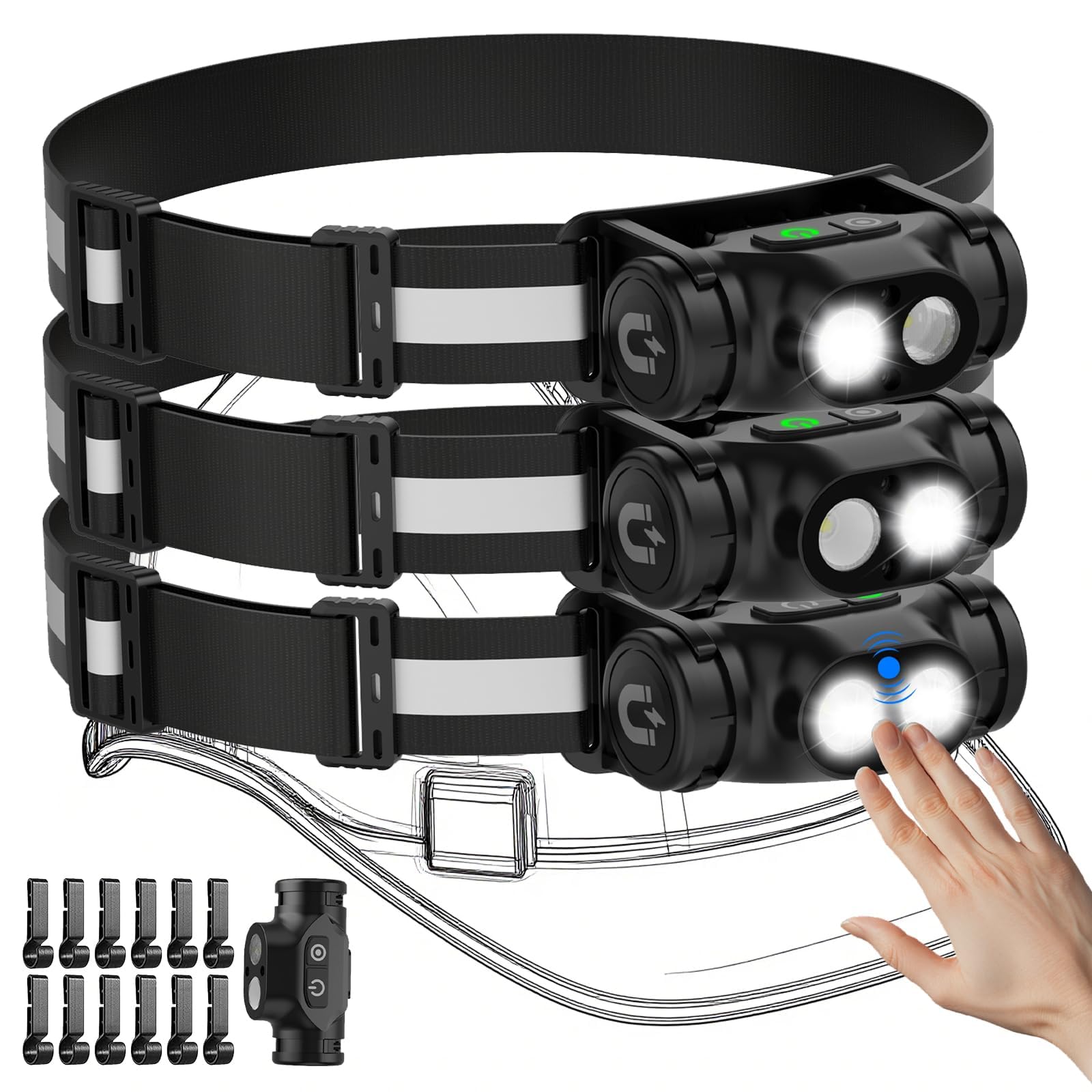 AdamStar Rechargeable Head Torch 3Packs, Detachable Waterproof Handheld Torches Led with Lightweight Reflective Strip Design, 4 Modes, Magnetic Base, Motion Sensor for Kids Adults Emergency, Hard Hat
