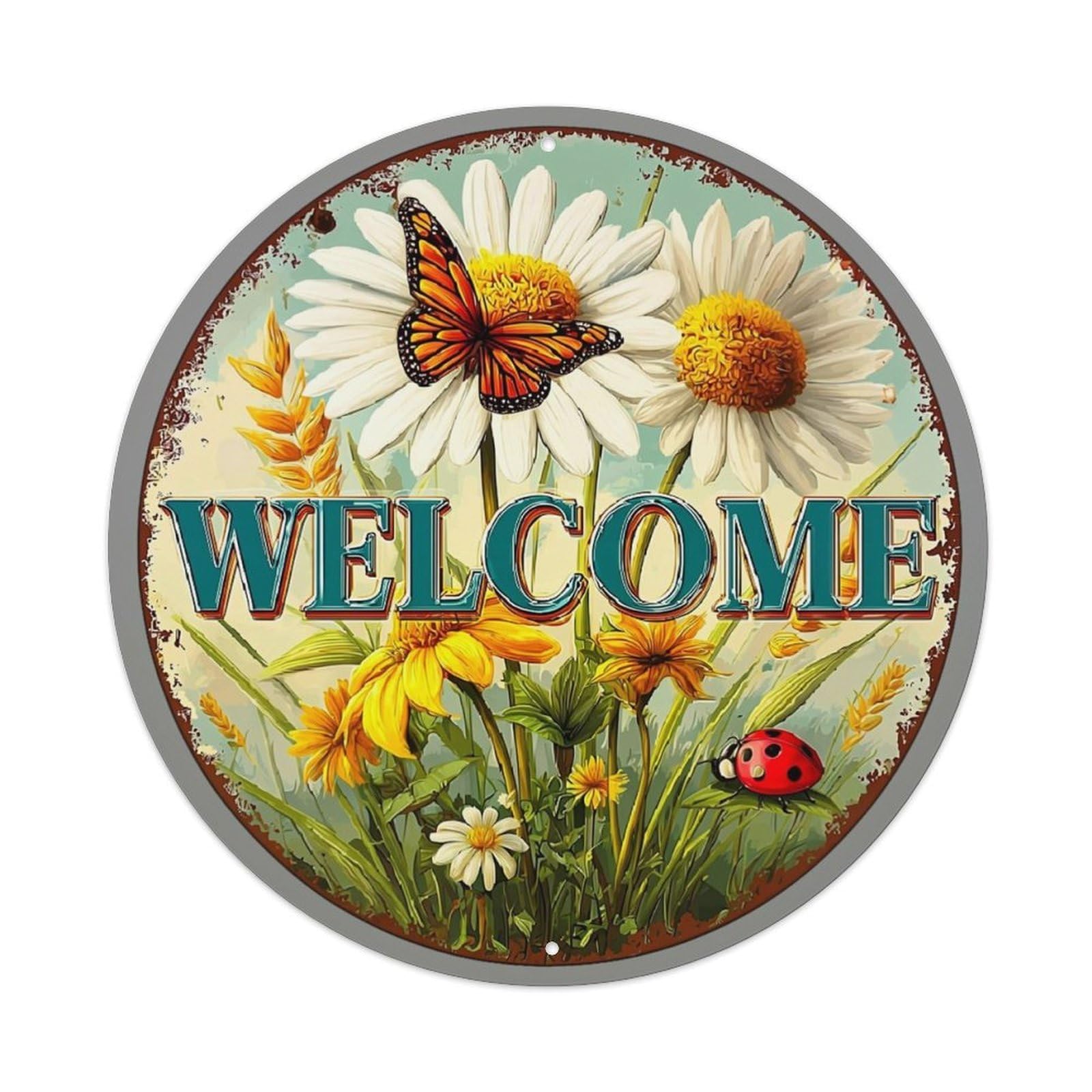 Jdyaojiesheng Vintage Butterfly Daisies Ladybug Welcome Garden Round Tin Sign Retro Metal Wall Decor Metal Poster, Home Bar Garage Farmhouse Cafe Wall Art Decoration 8X8inch