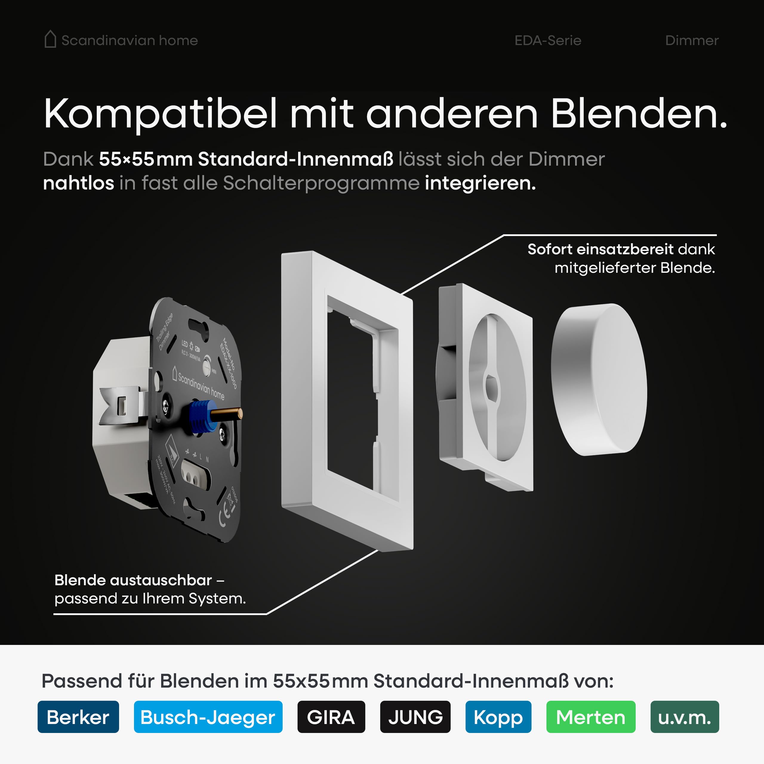 Scandinavian home Dimmer für LED Lampen 3-300W / VA - Universeller LED Dimmer Schalter mit Phasenabschnitt, Standardmaß 55 - Unterputz LED Dimmer 230V Dimmschalter Drehdimmer - Blende Weiß Glänzend