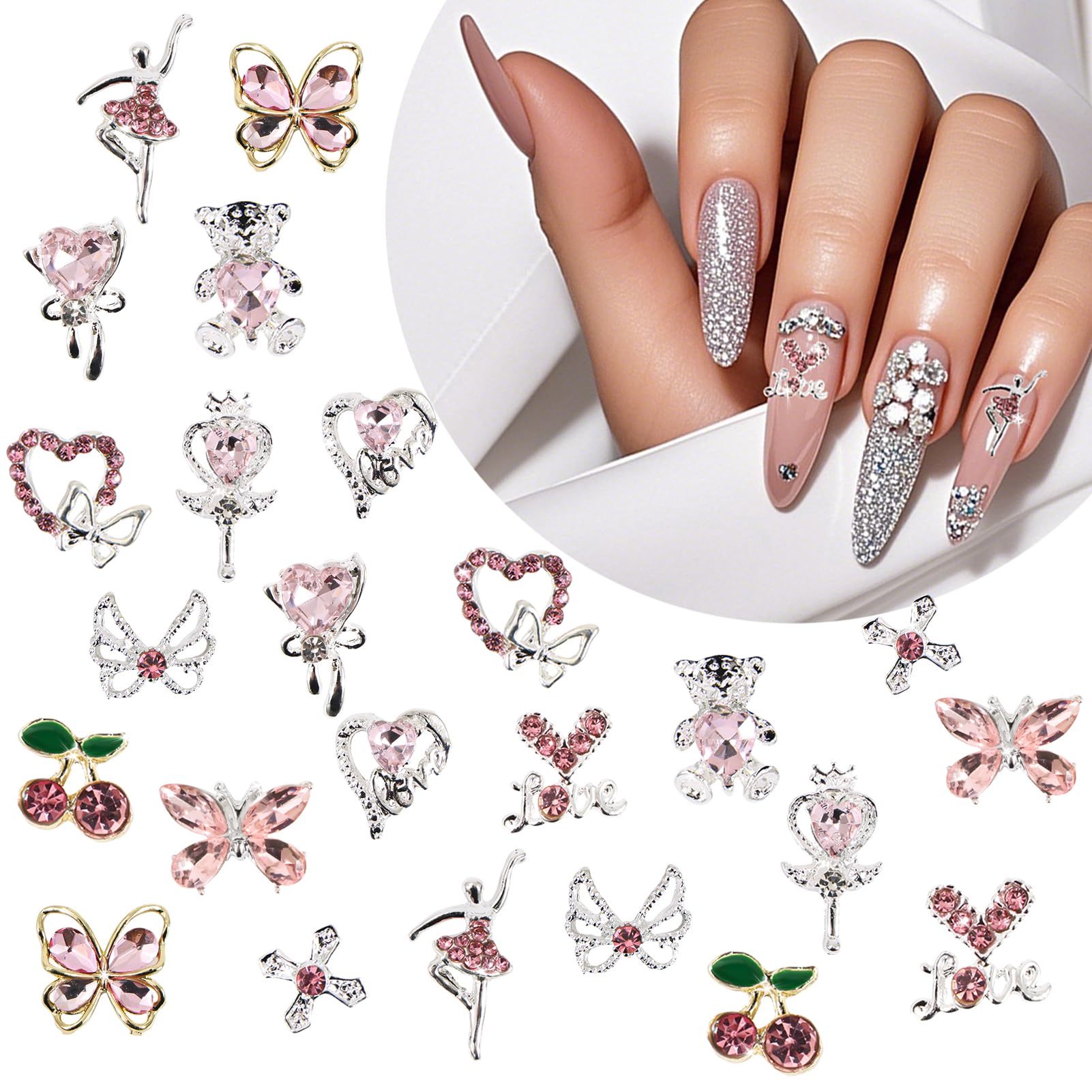 BITNBITH 24PCS Nail Charm Nail Art Rhinestones Y2k,Nail Crystal Rhinestones,3D Heart Butterfly Cherry,Shiny Jewelry Nail Decoration Gems for DIY